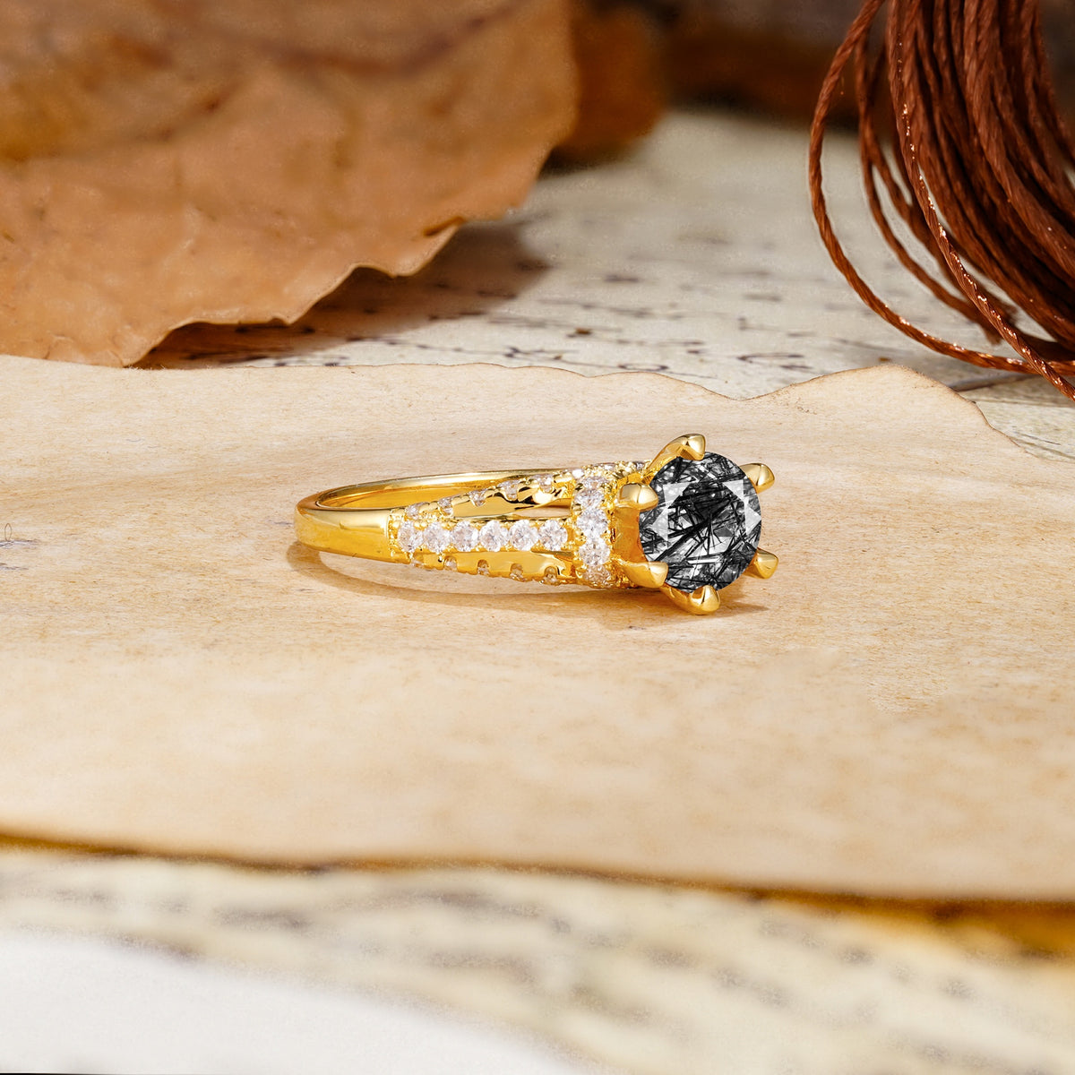 Timeless ClassicRound Cut Black Rutilated Quartz Side Stone Engagement Ring - Additional view
