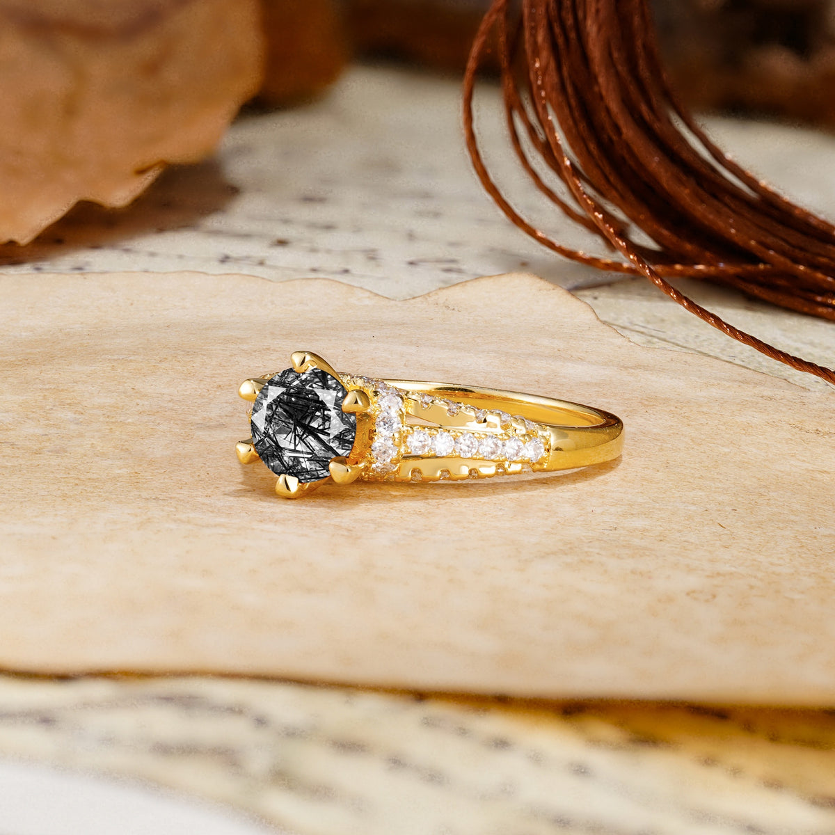 Timeless ClassicRound Cut Black Rutilated Quartz Side Stone Engagement Ring - Additional view