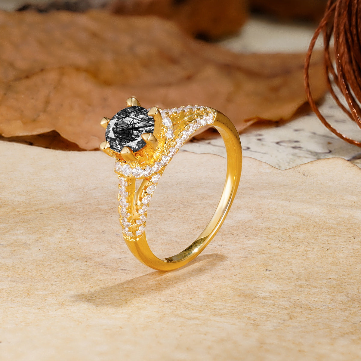 Timeless ClassicRound Cut Black Rutilated Quartz Side Stone Engagement Ring - Additional view