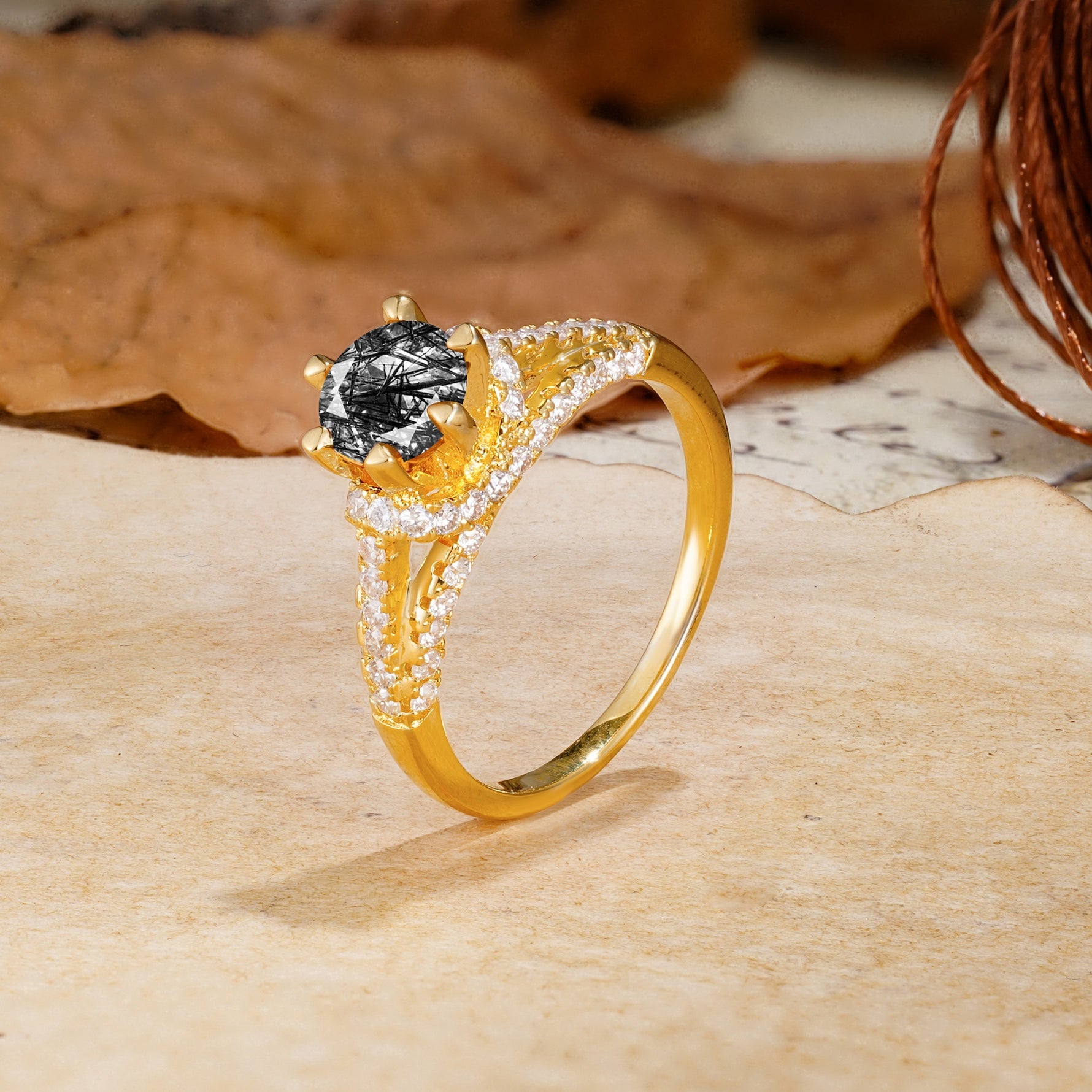 Timeless ClassicRound Cut Black Rutilated Quartz Side Stone Engagement Ring - Additional view