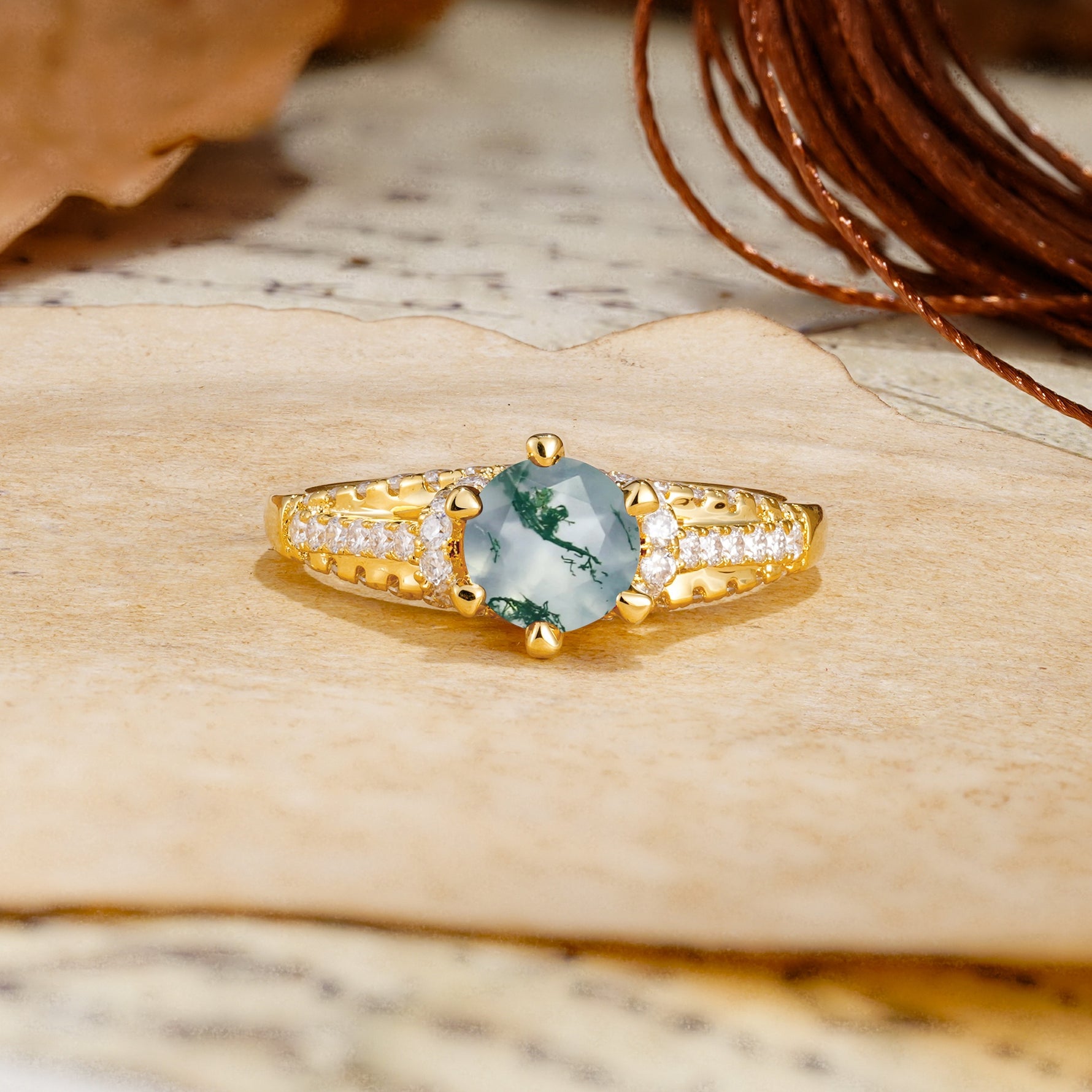Timeless ClassicRound Cut Moss Agate Side Stone Engagement Ring - Additional view