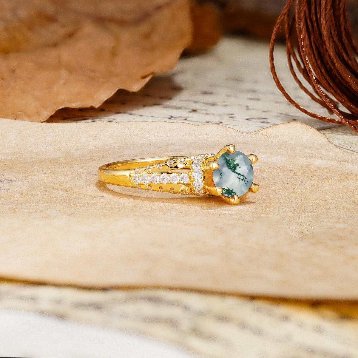 Timeless ClassicRound Cut Moss Agate Side Stone Engagement Ring - Additional view