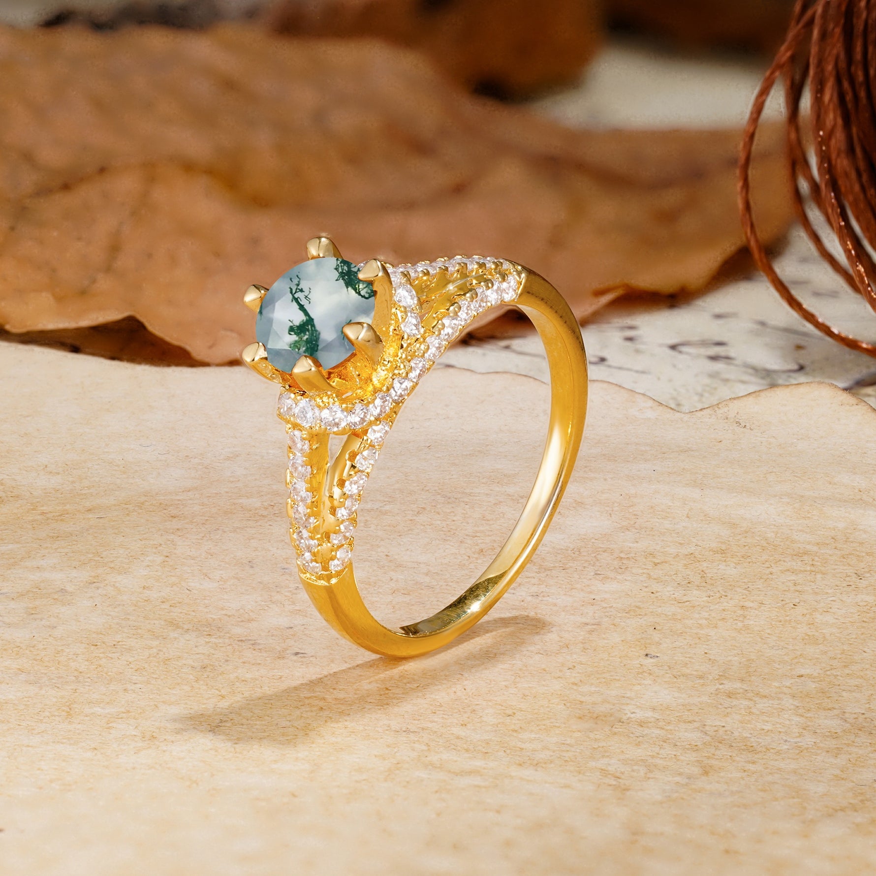 Timeless ClassicRound Cut Moss Agate Side Stone Engagement Ring - Additional view