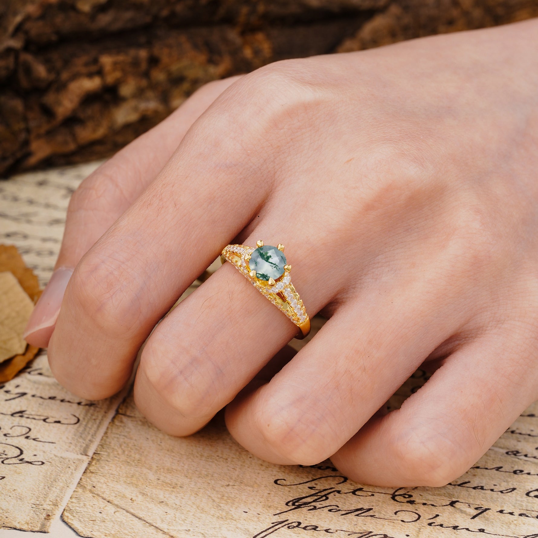 Timeless ClassicRound Cut Moss Agate Side Stone Engagement Ring - Additional view