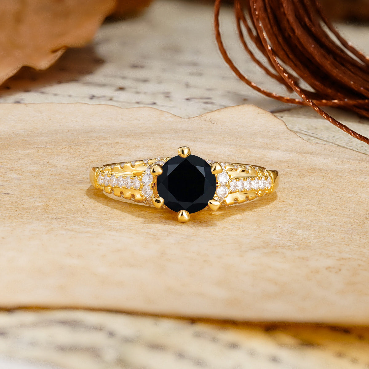 Timeless ClassicRound Cut Black Onyx Side Stone Engagement Ring - Additional view