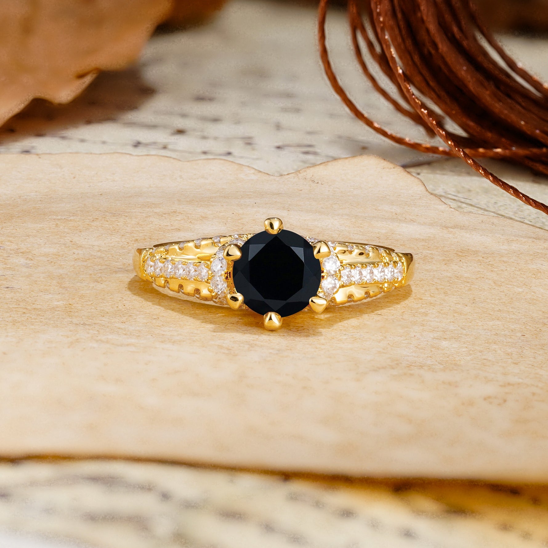 Timeless ClassicRound Cut Black Onyx Side Stone Engagement Ring - Additional view