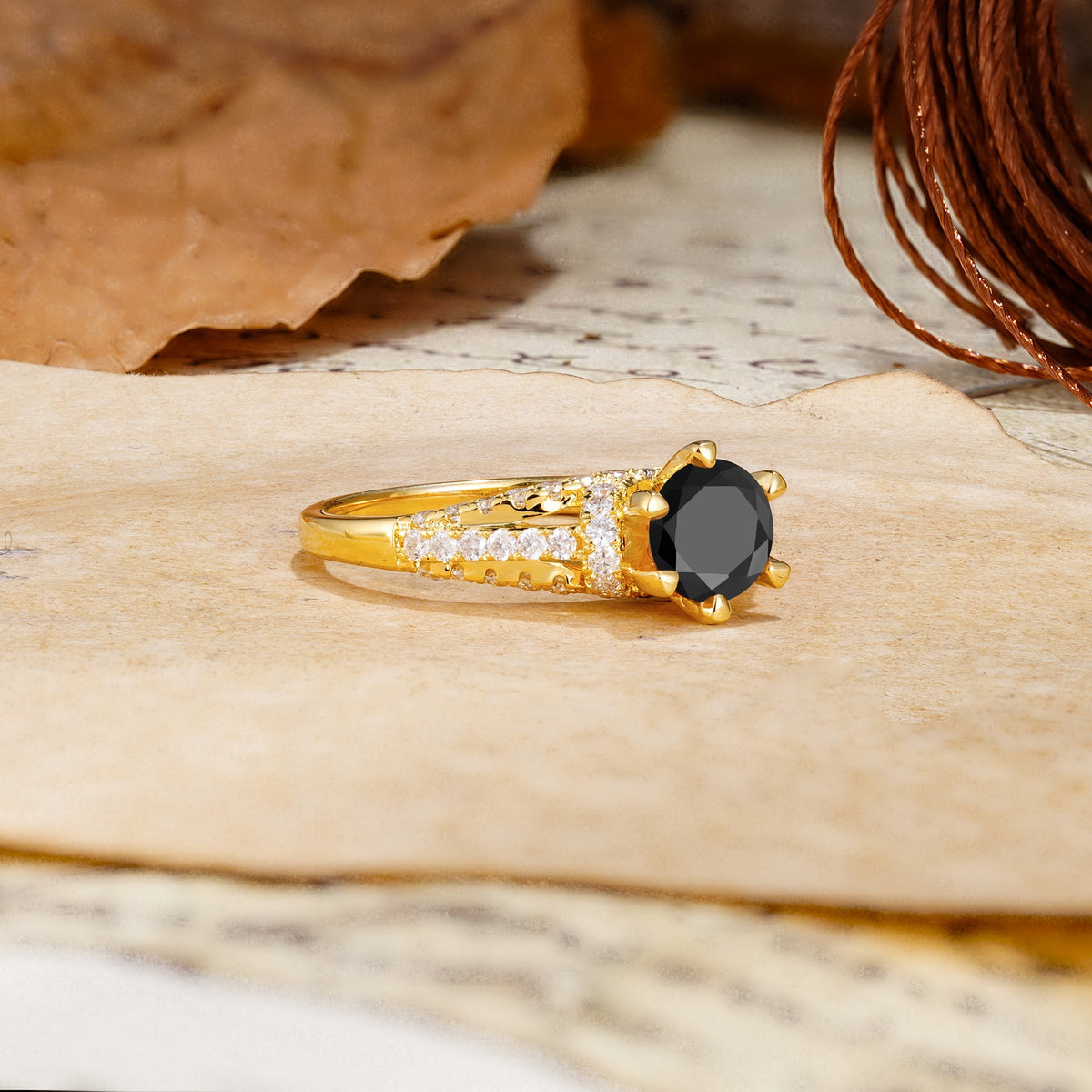 Timeless ClassicRound Cut Black Onyx Side Stone Engagement Ring - Additional view
