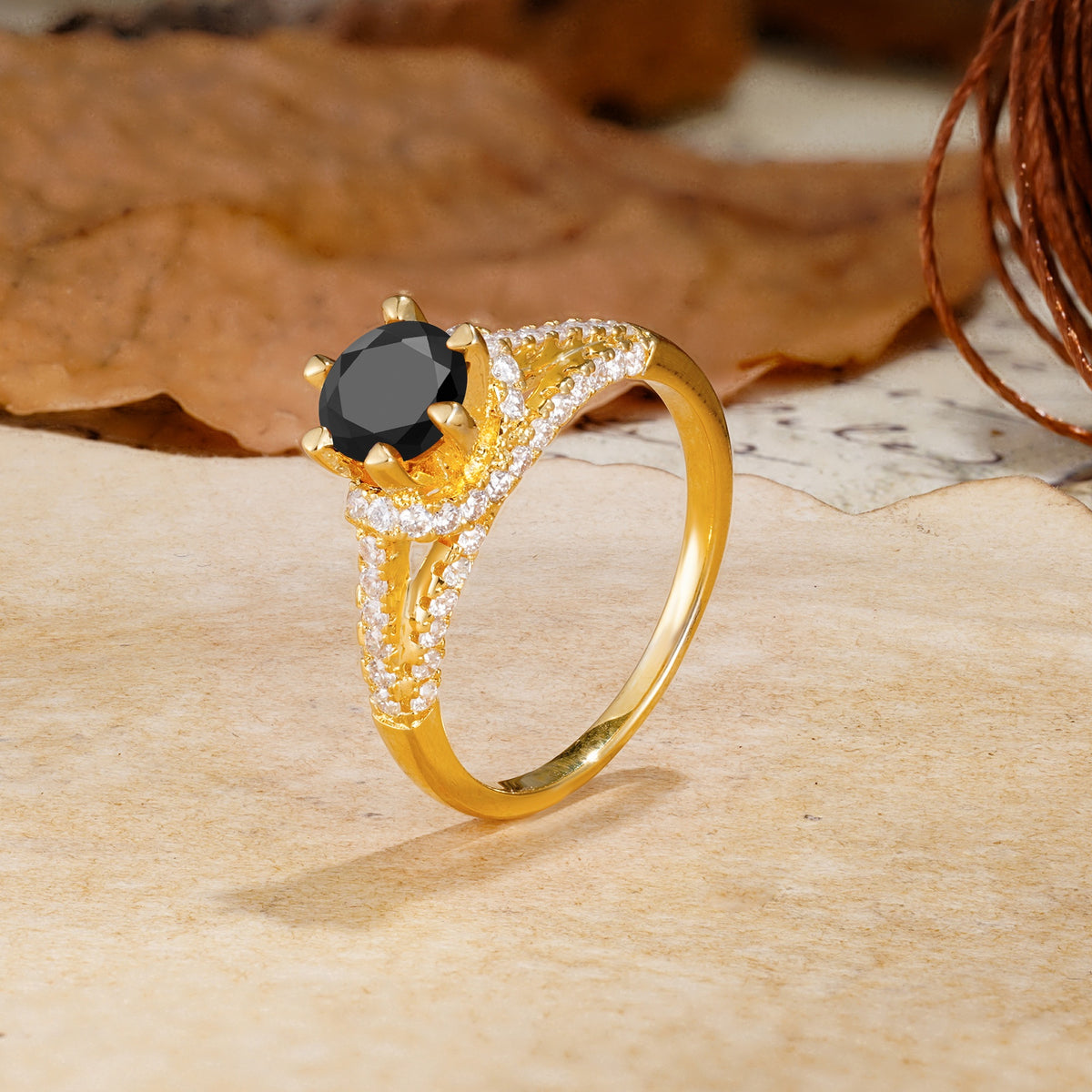 Timeless ClassicRound Cut Black Onyx Side Stone Engagement Ring - Additional view