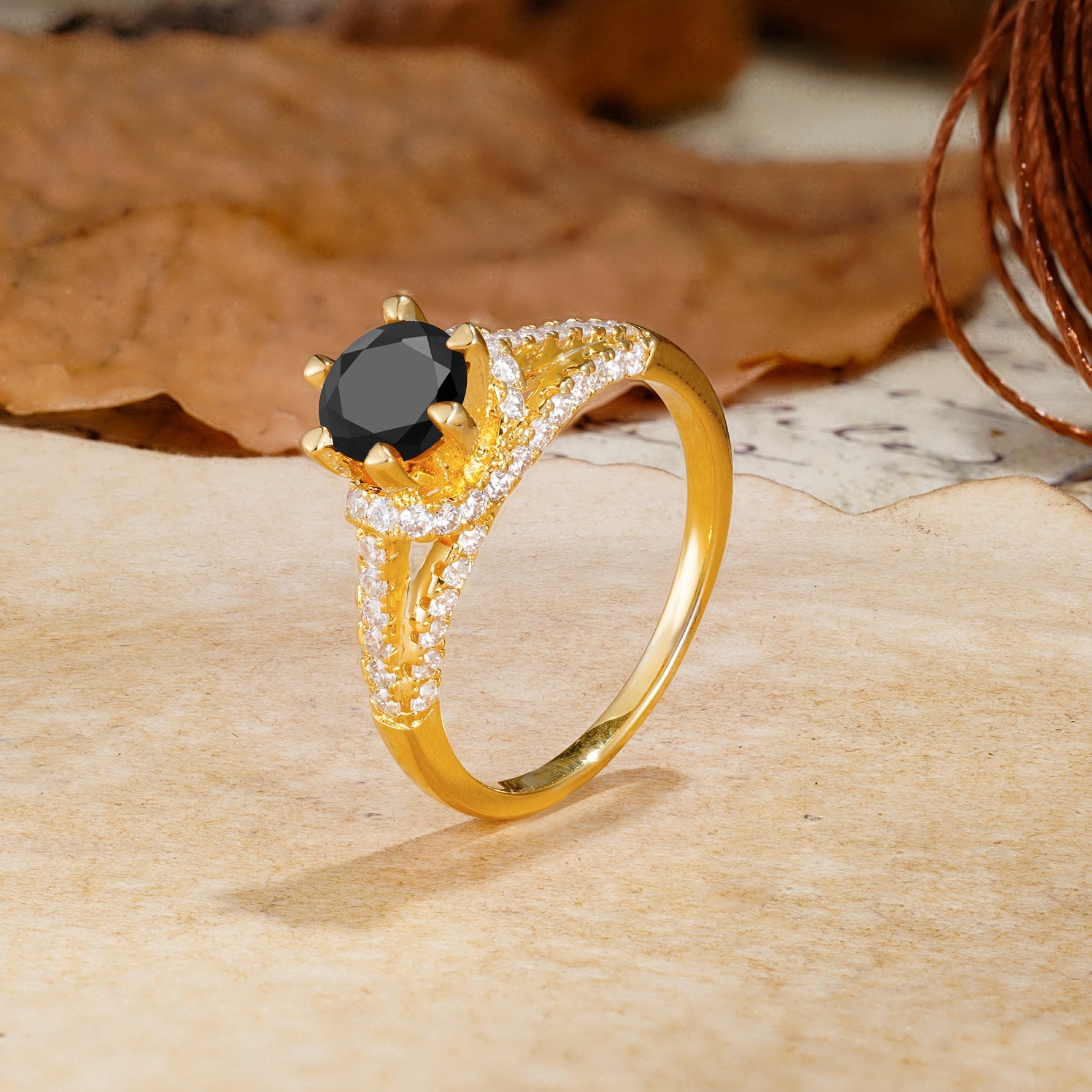 Timeless ClassicRound Cut Black Onyx Side Stone Engagement Ring - Additional view