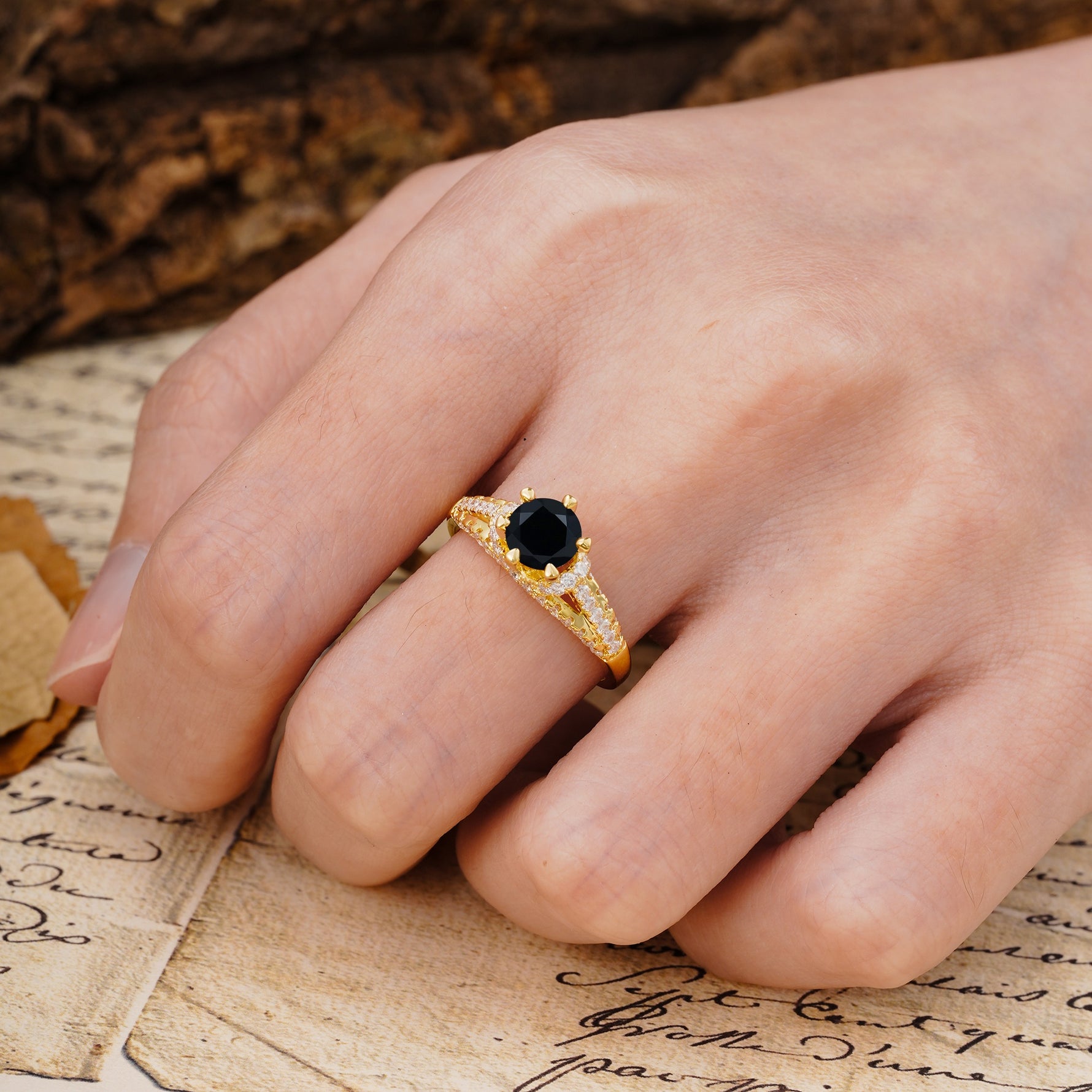 Timeless ClassicRound Cut Black Onyx Side Stone Engagement Ring - Additional view