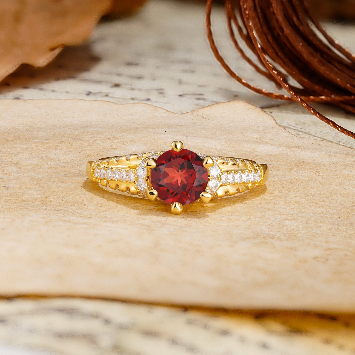 Timeless ClassicRound Cut Garnet Side Stone Engagement Ring - Additional view