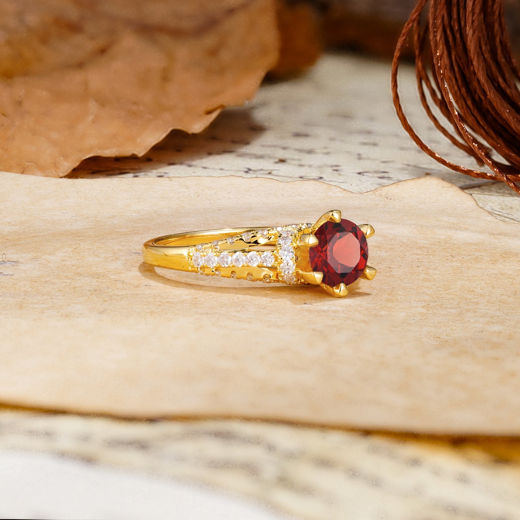 Timeless ClassicRound Cut Garnet Side Stone Engagement Ring - Additional view