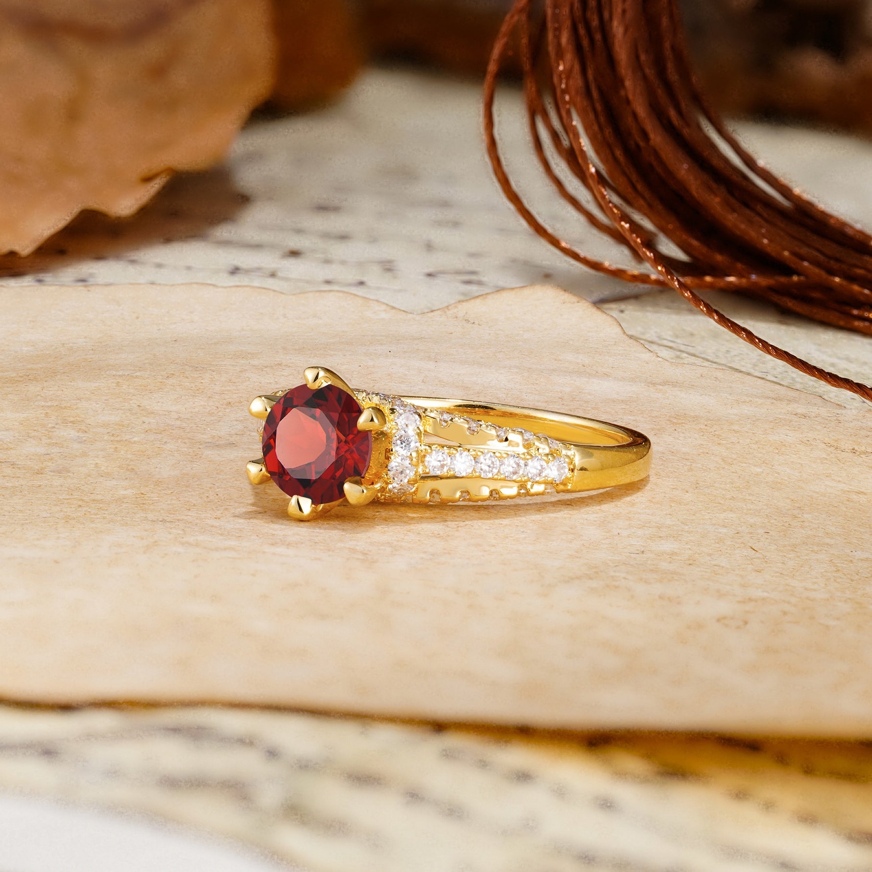 Timeless ClassicRound Cut Garnet Side Stone Engagement Ring - Additional view