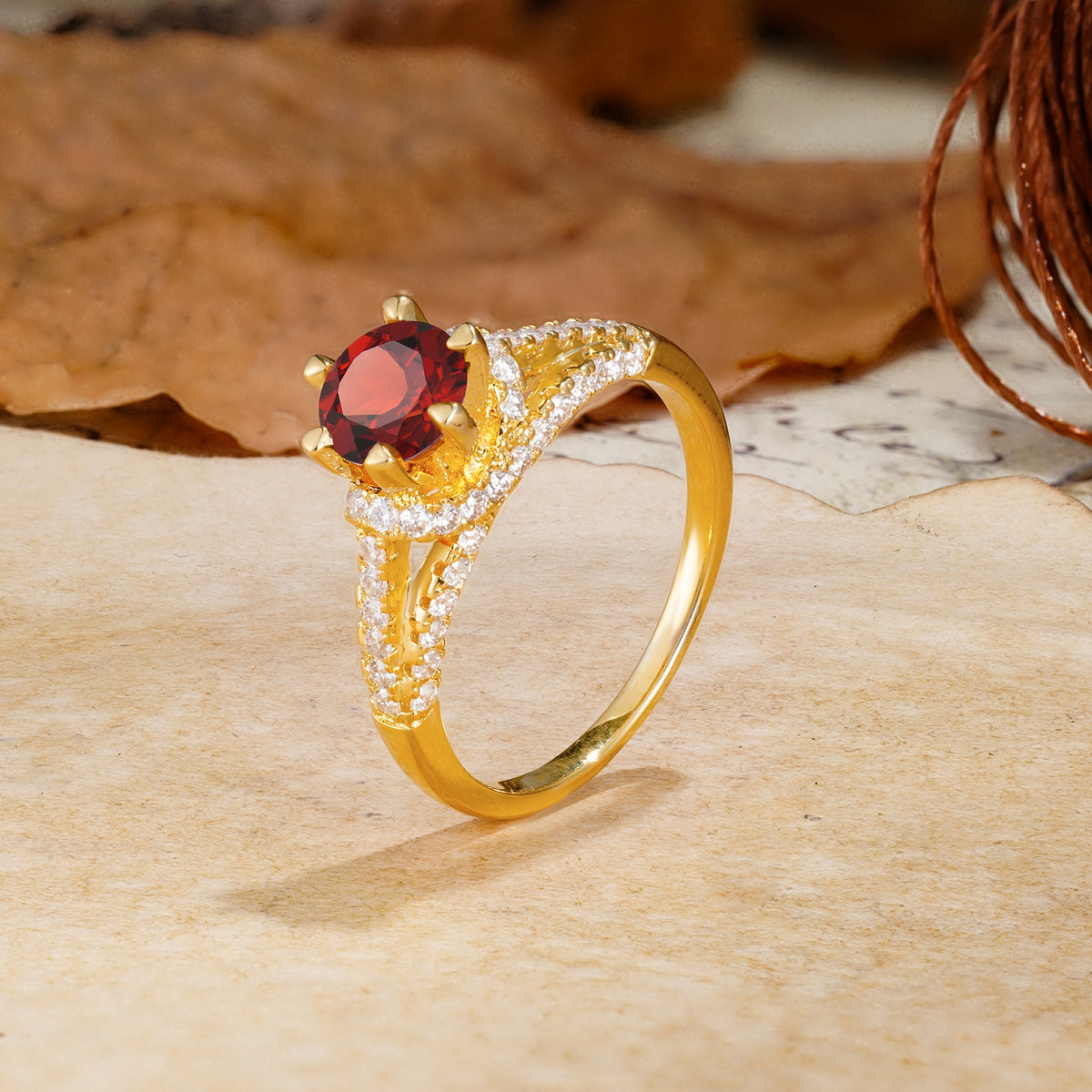 Timeless ClassicRound Cut Garnet Side Stone Engagement Ring - Additional view