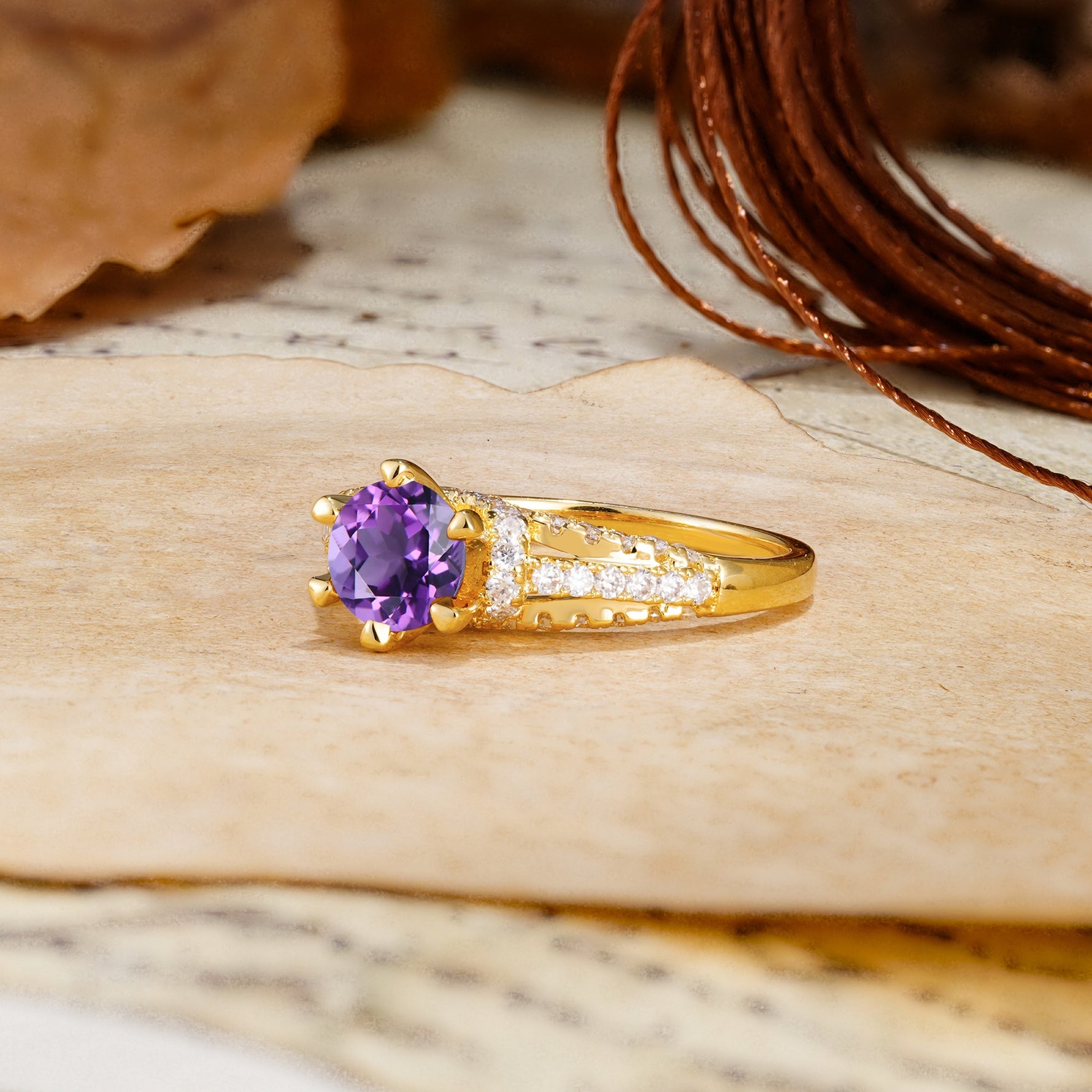Timeless ClassicRound Cut Amethyst Side Stone Engagement Ring - Additional view