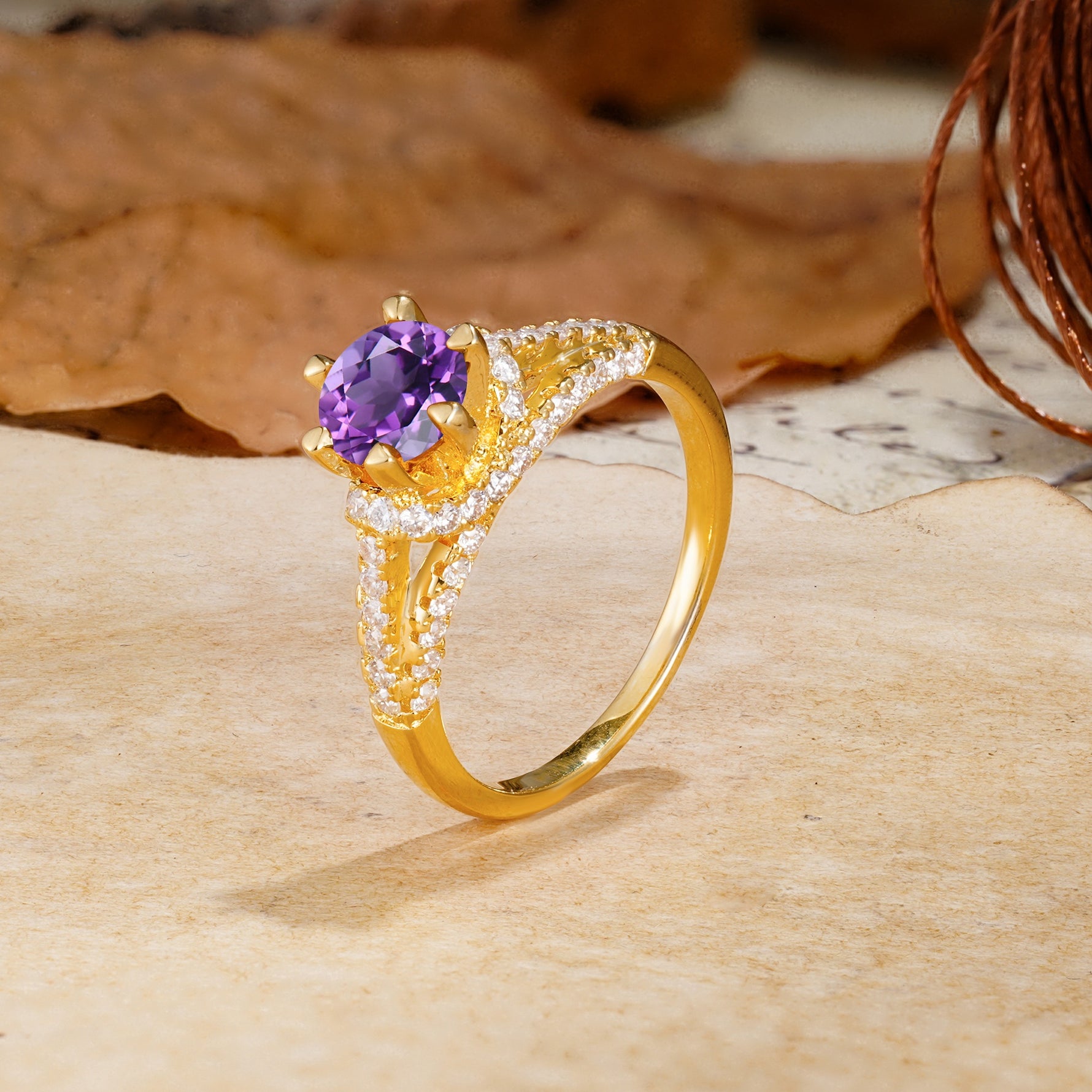 Timeless ClassicRound Cut Amethyst Side Stone Engagement Ring - Additional view
