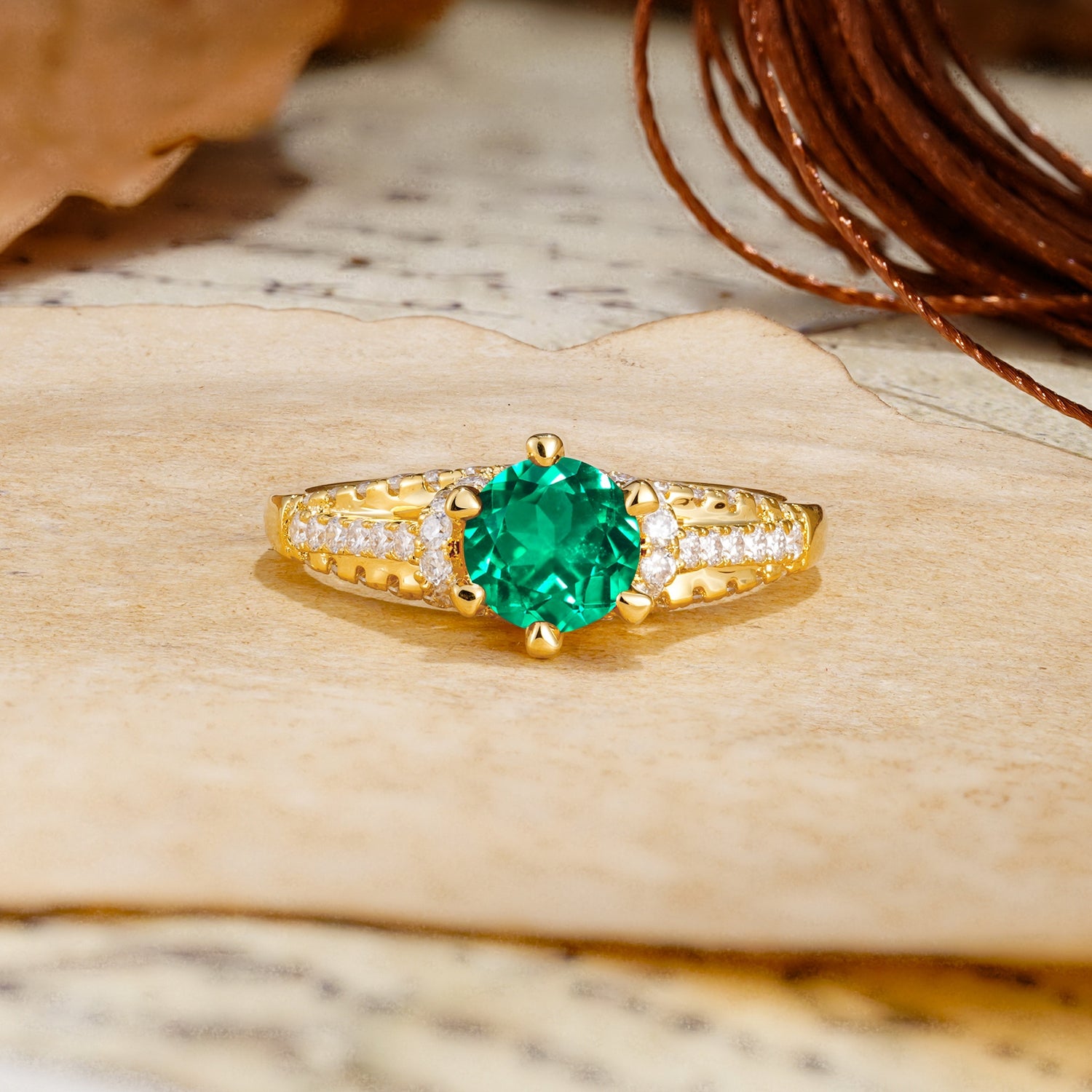 Timeless ClassicRound Cut Emerald Side Stone Engagement Ring - Additional view