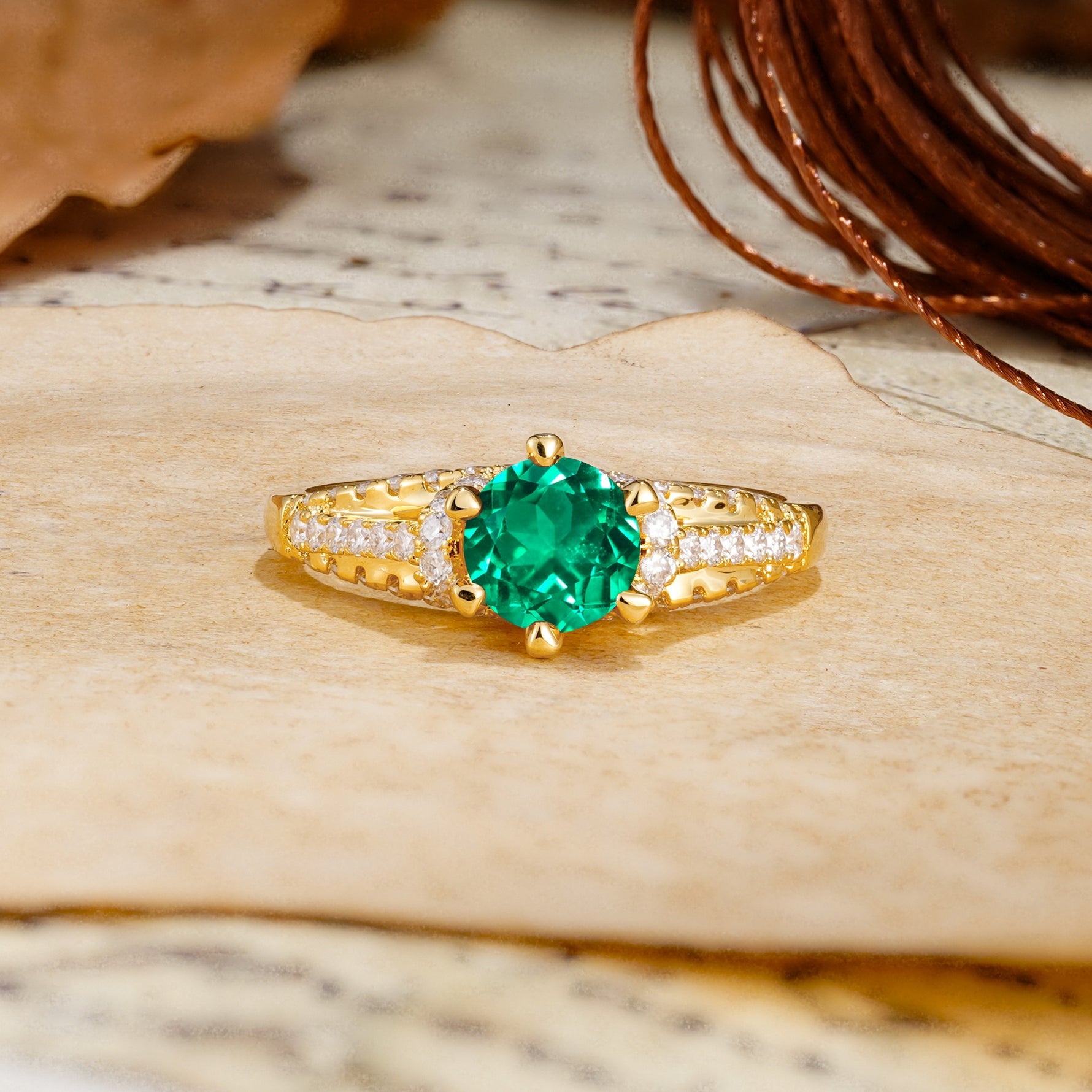 Timeless ClassicRound Cut Emerald Side Stone Engagement Ring - Additional view