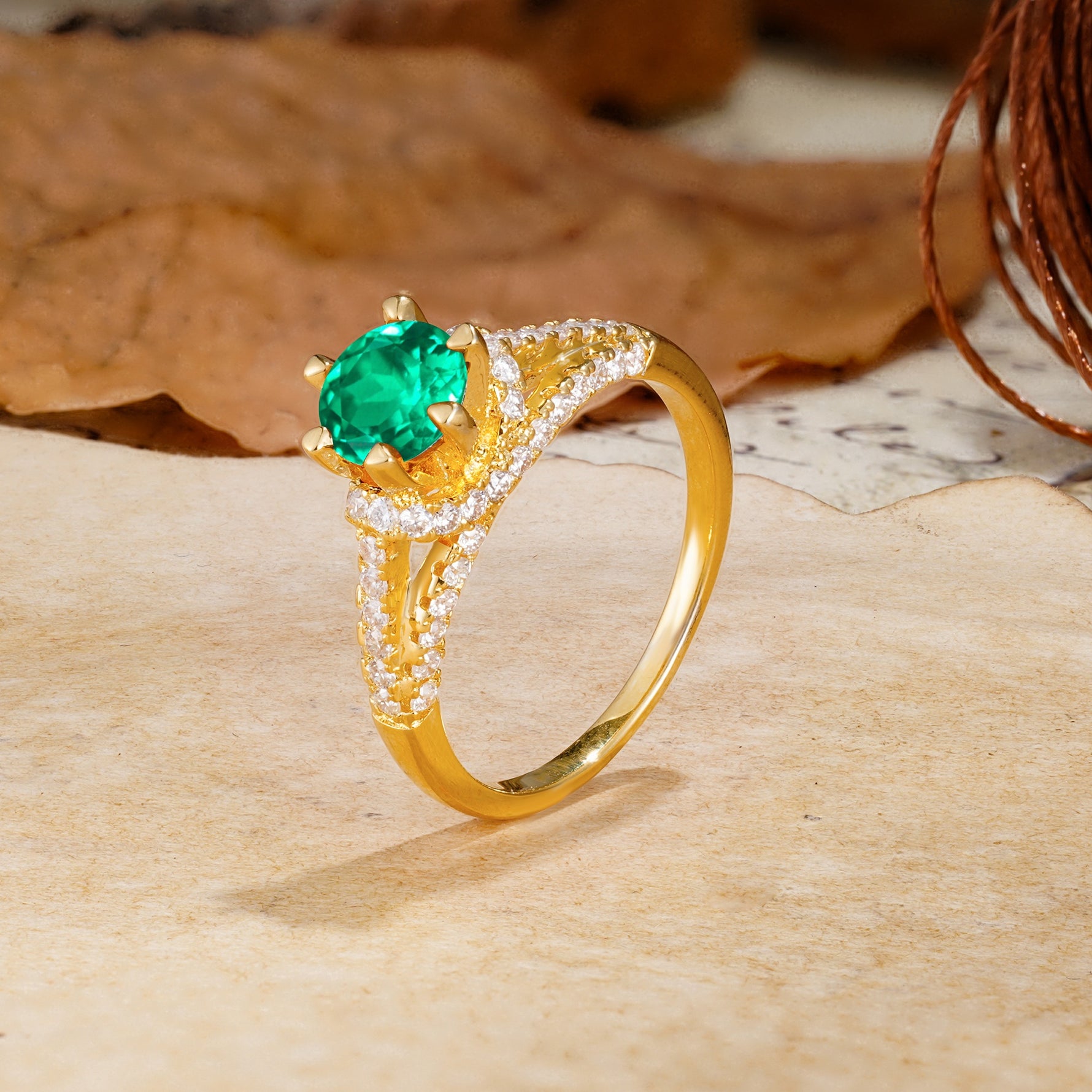 Timeless ClassicRound Cut Emerald Side Stone Engagement Ring - Additional view