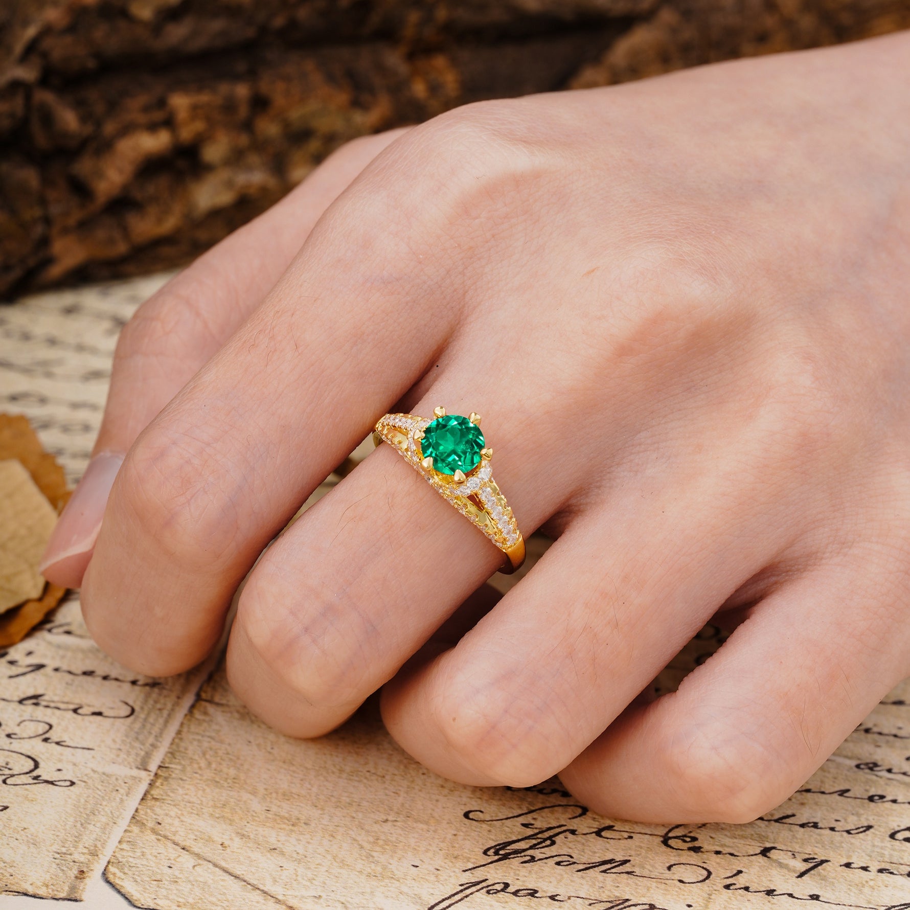 Timeless ClassicRound Cut Emerald Side Stone Engagement Ring - Additional view