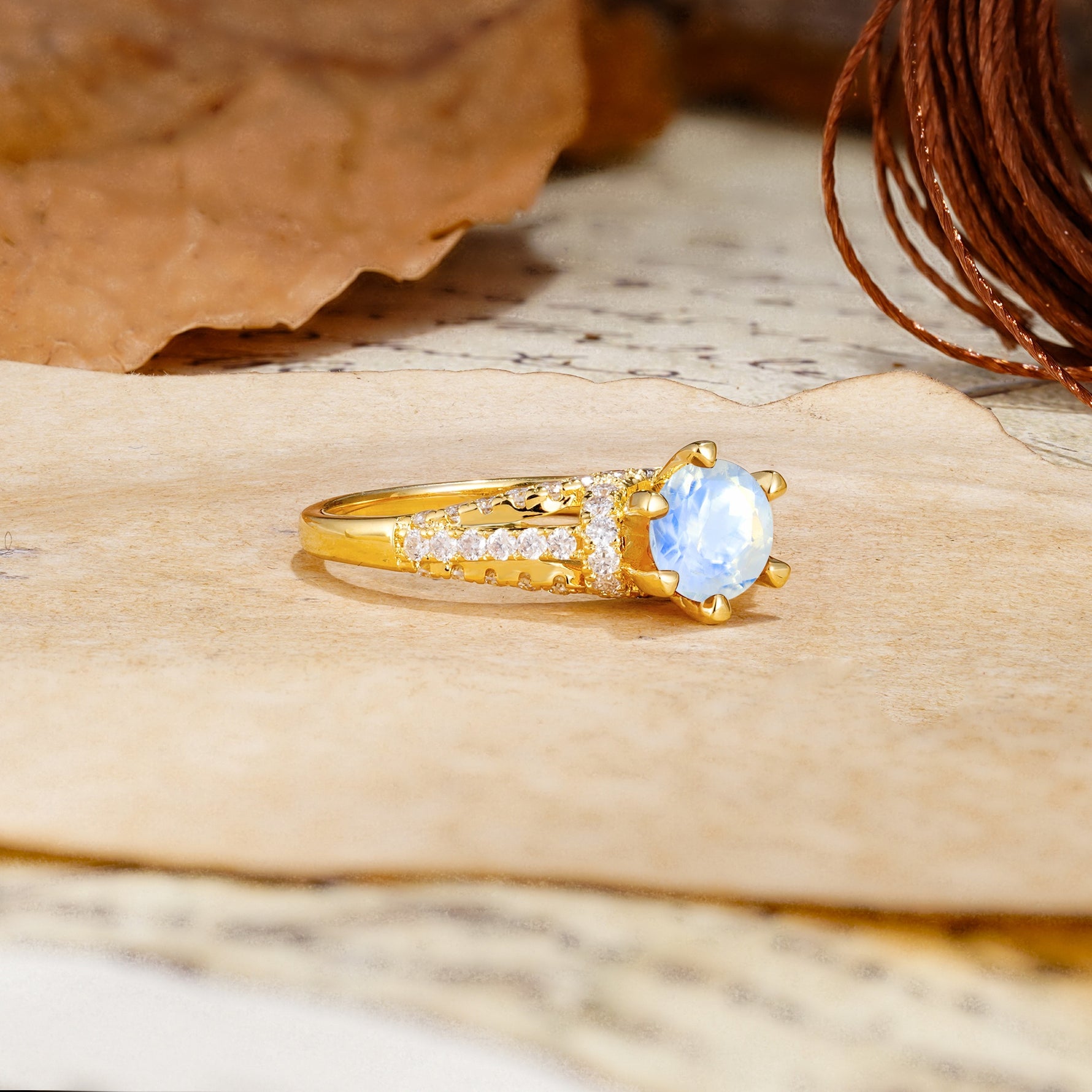 Timeless ClassicRound Cut Moonstone Side Stone Engagement Ring - Additional view