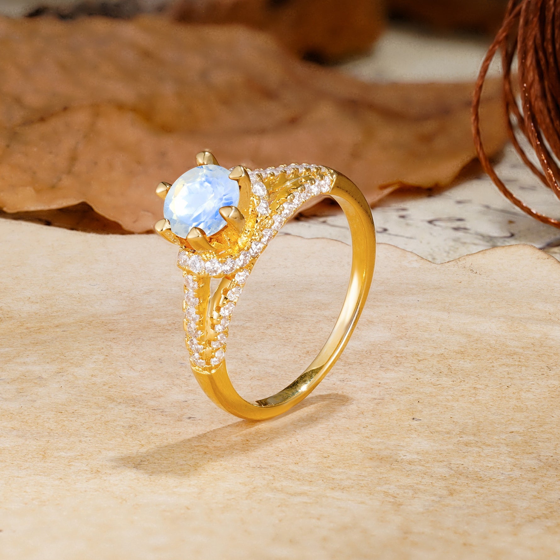 Timeless ClassicRound Cut Moonstone Side Stone Engagement Ring - Additional view
