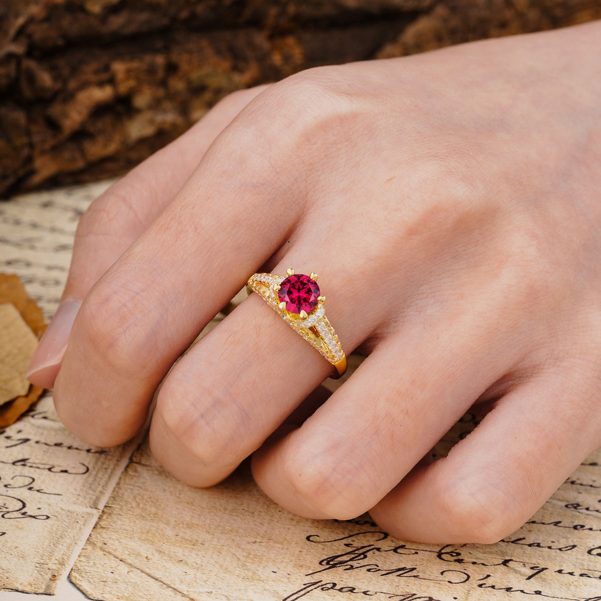 Timeless ClassicRound Cut Ruby Side Stone Engagement Ring - Additional view