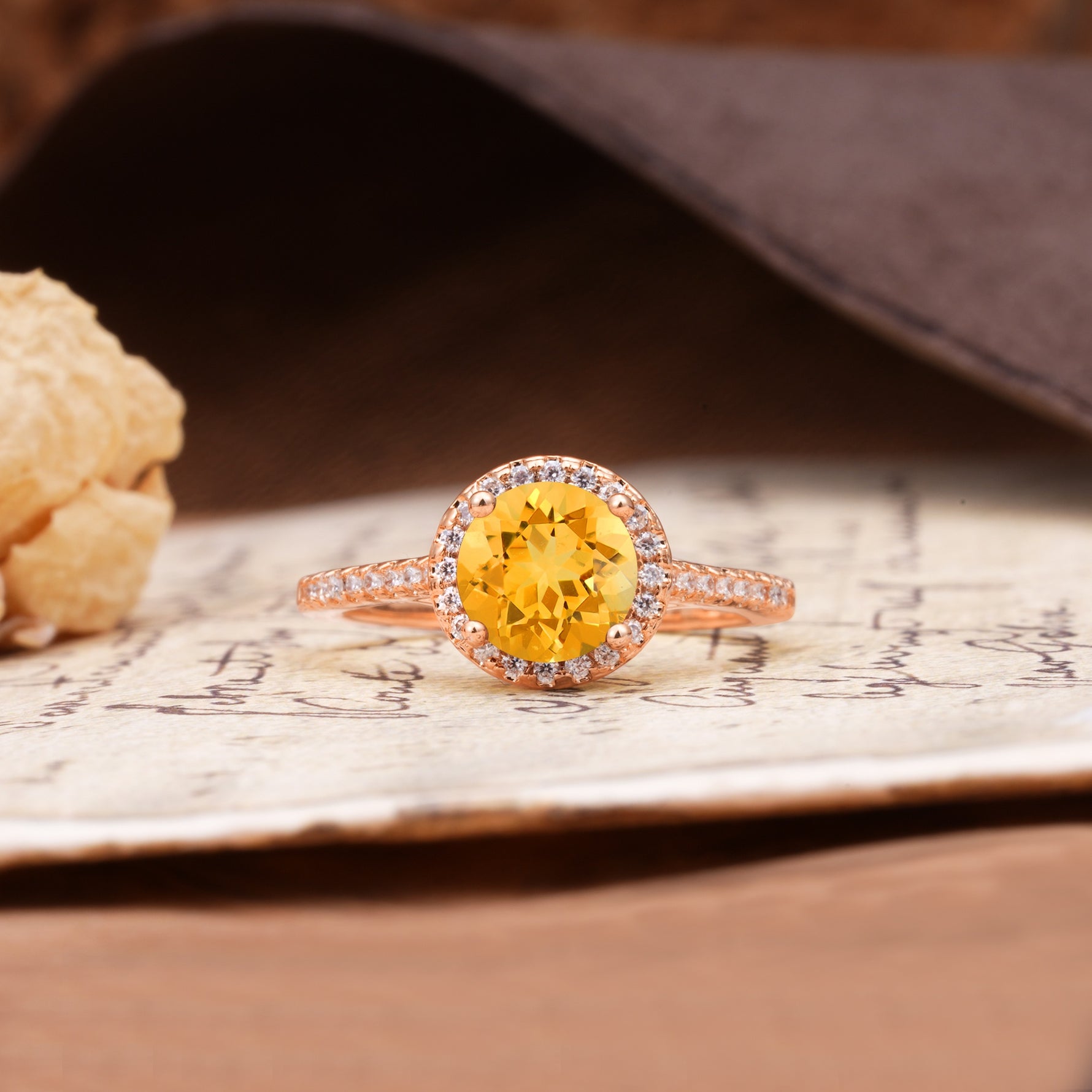 Luxurious, Vintage, Dazzling 4-Prong Round-Cut Citrine Engagement Ring - Additional view