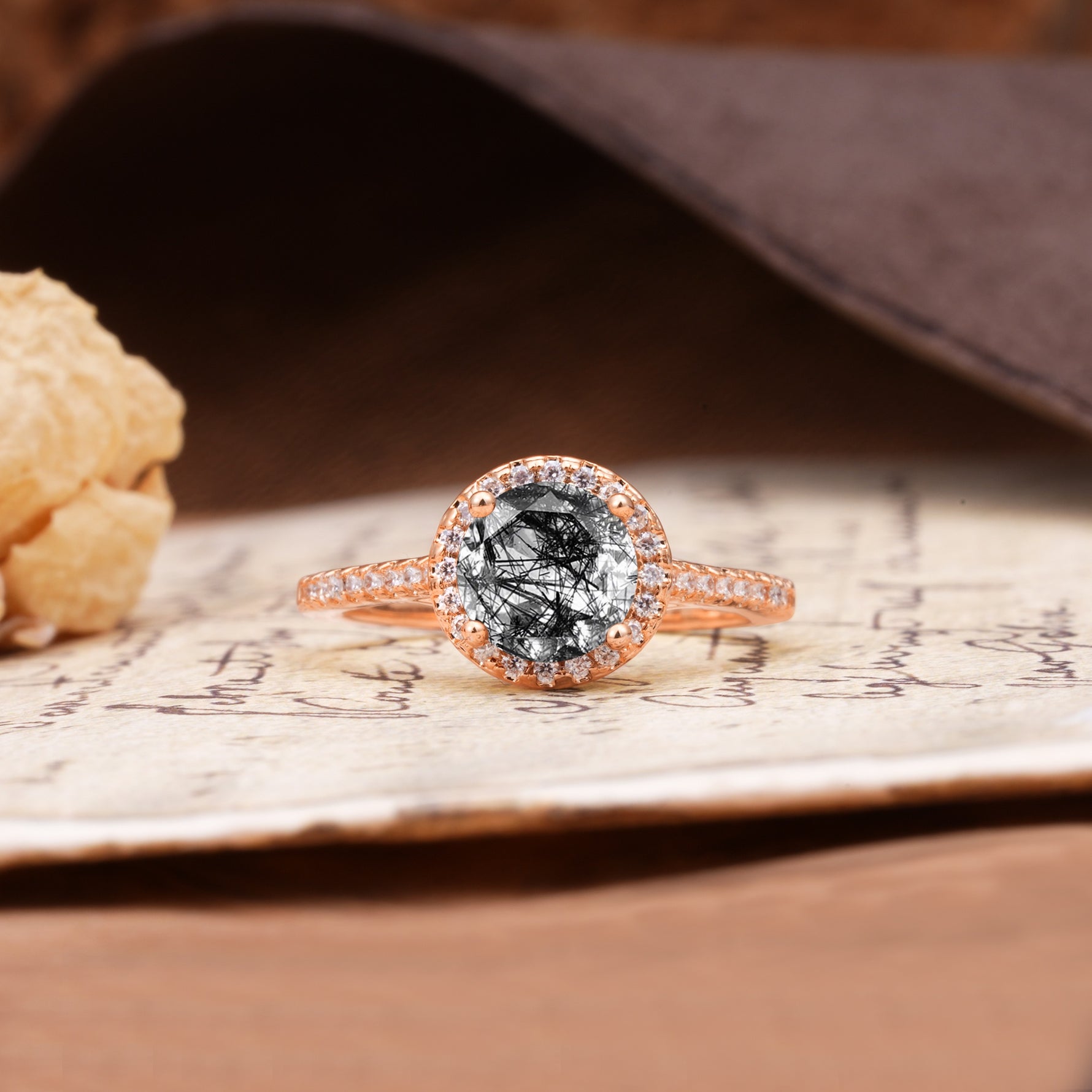 Luxurious, Vintage, Dazzling 4-Prong Round-Cut Black Rutilated Quartz Engagement Ring - Additional view