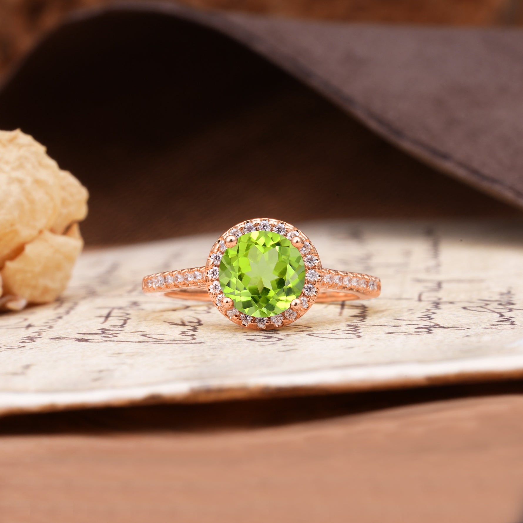 Luxurious, Vintage, Dazzling 4-Prong Round-Cut Peridot Engagement Ring - Additional view