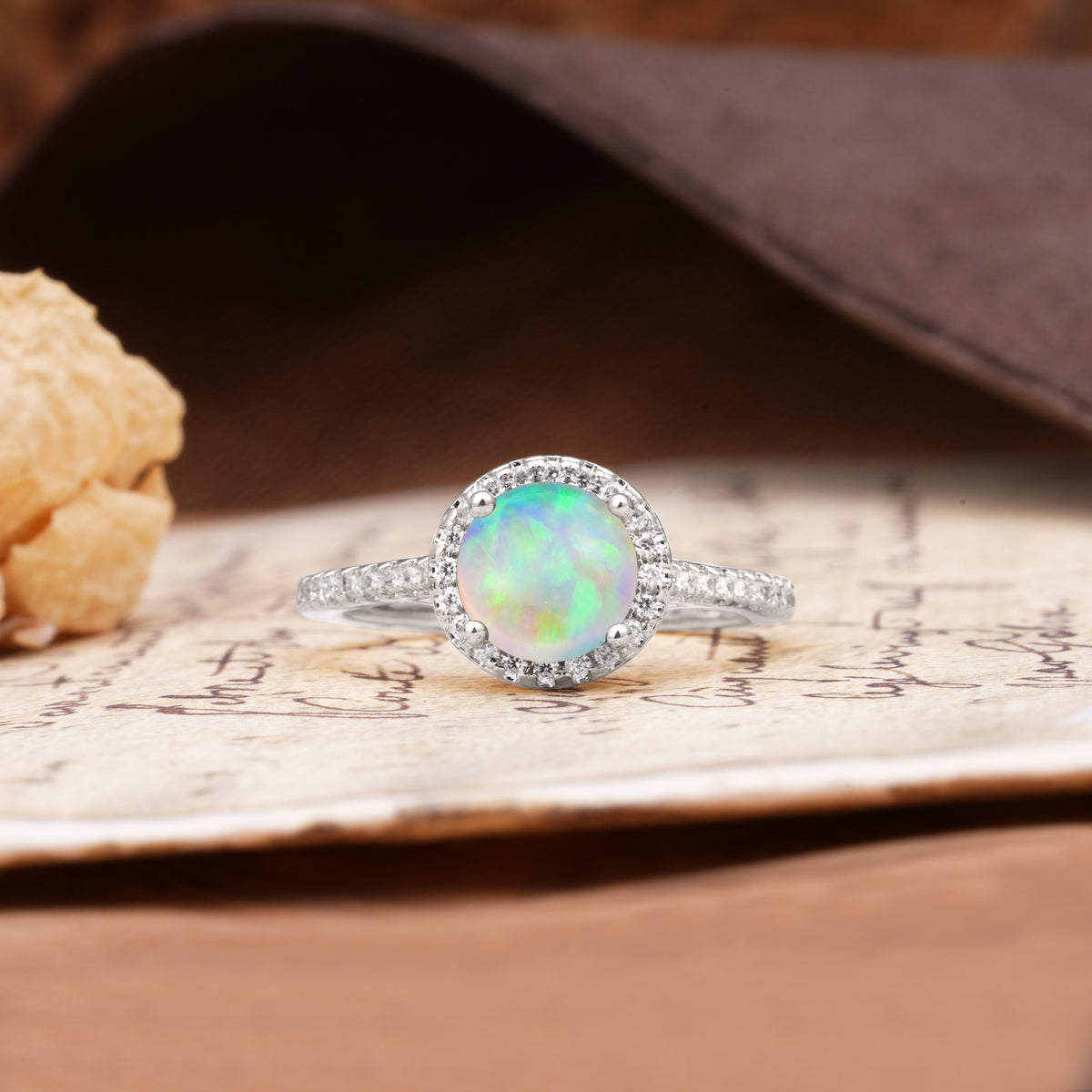Luxurious, Vintage, Dazzling 4-Prong Round-Cut Fire Opal Engagement Ring - Additional view