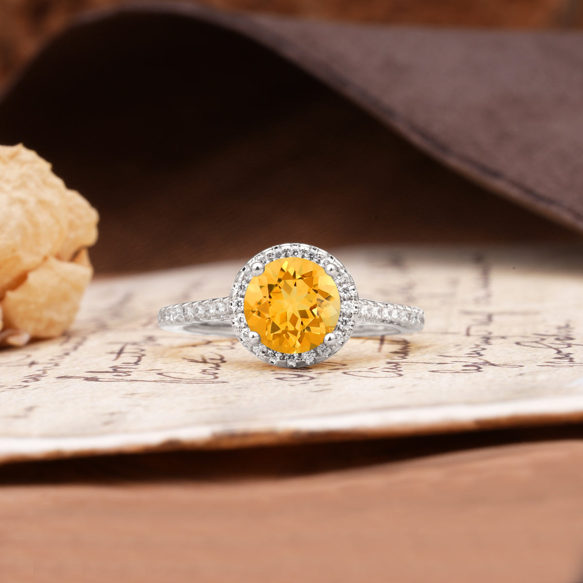 Luxurious, Vintage, Dazzling 4-Prong Round-Cut Citrine Engagement Ring - Additional view