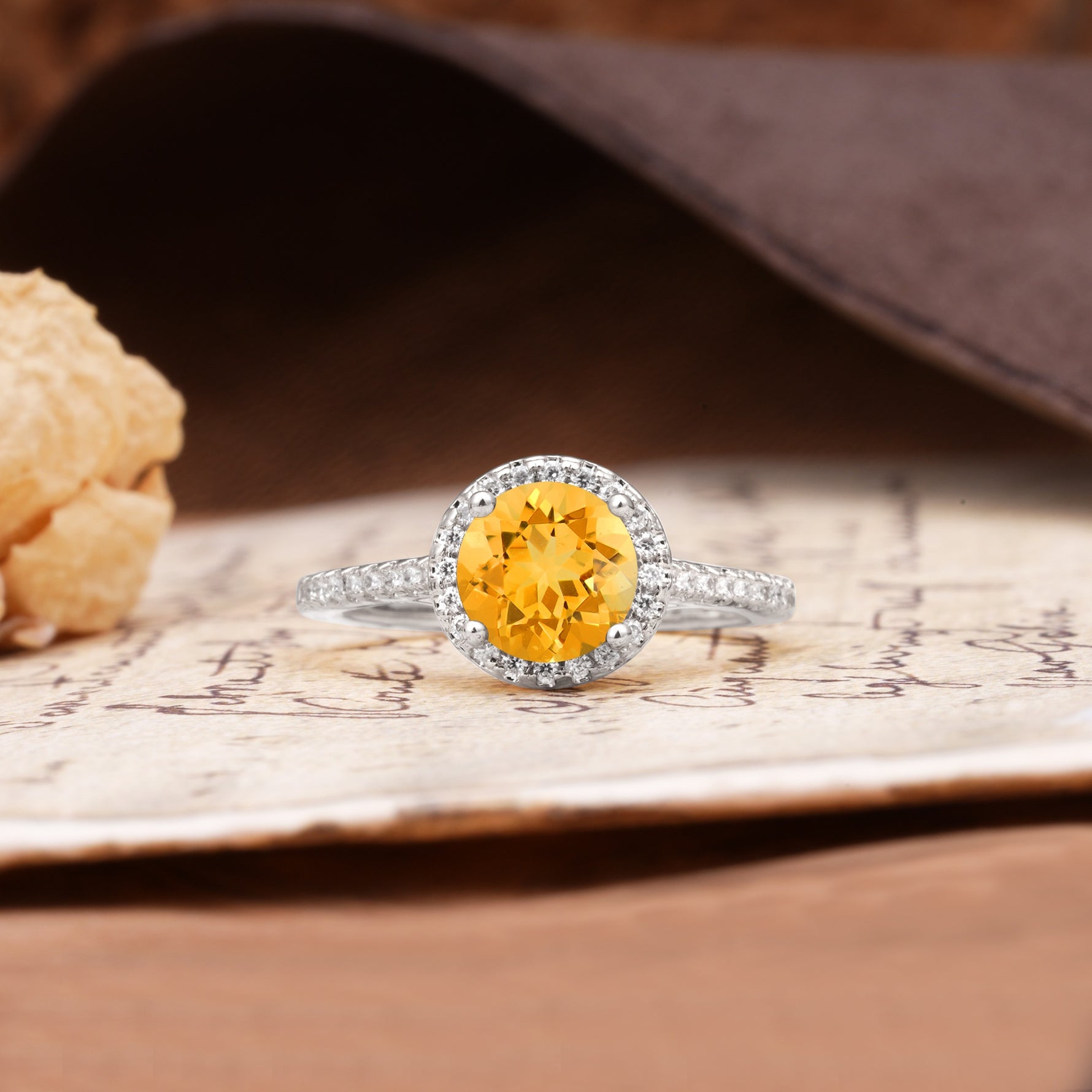 Luxurious, Vintage, Dazzling 4-Prong Round-Cut Citrine Engagement Ring - Additional view