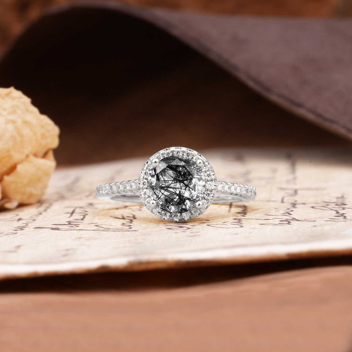 Luxurious, Vintage, Dazzling 4-Prong Round-Cut Black Rutilated Quartz Engagement Ring - Additional view