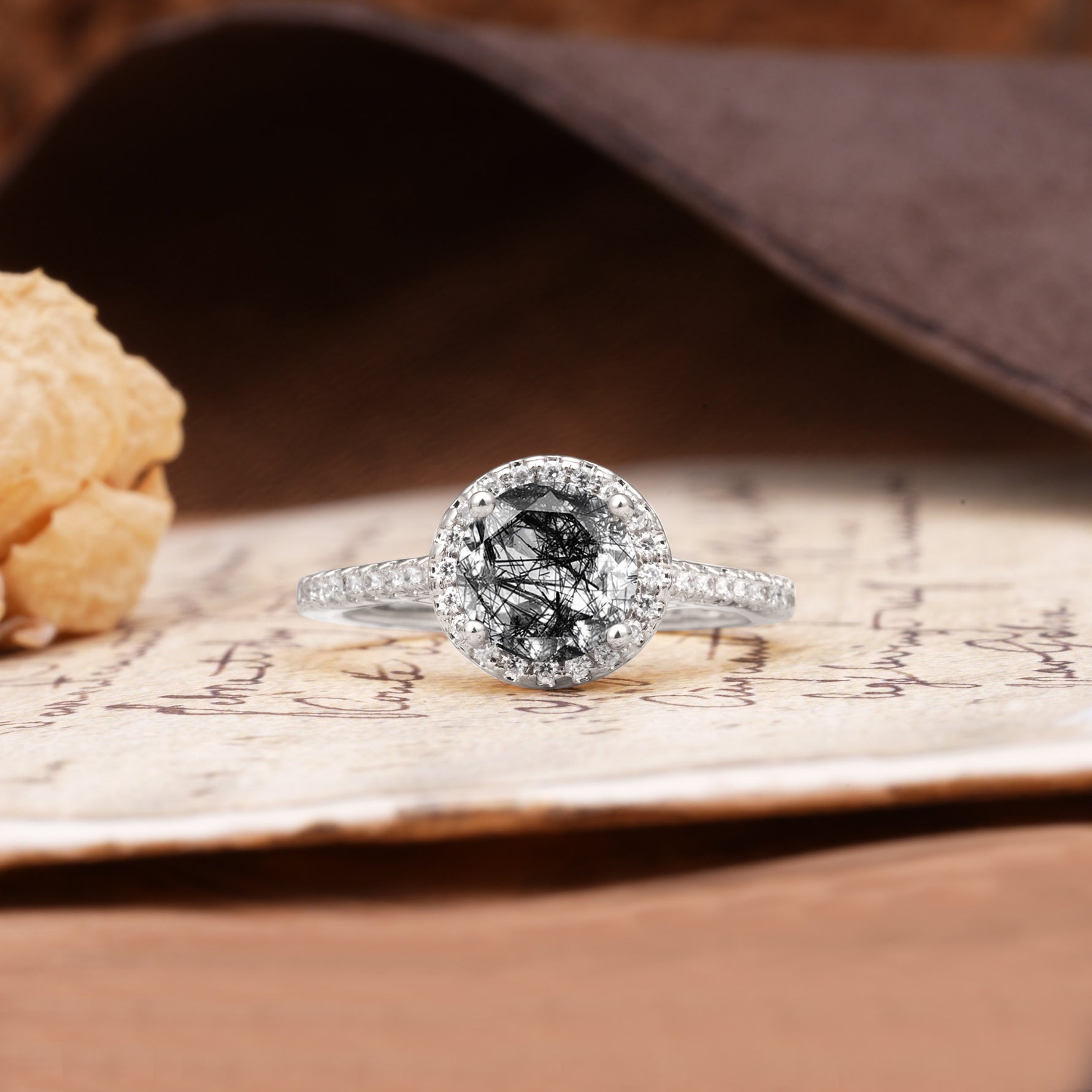 Luxurious, Vintage, Dazzling 4-Prong Round-Cut Black Rutilated Quartz Engagement Ring - Additional view