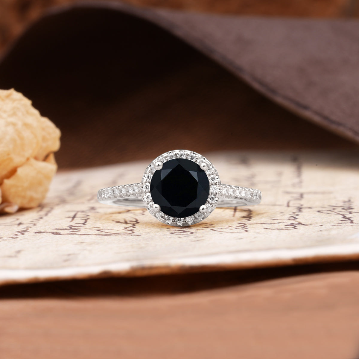 Luxurious, Vintage, Dazzling 4-Prong Round-Cut Black Onyx Engagement Ring - Additional view