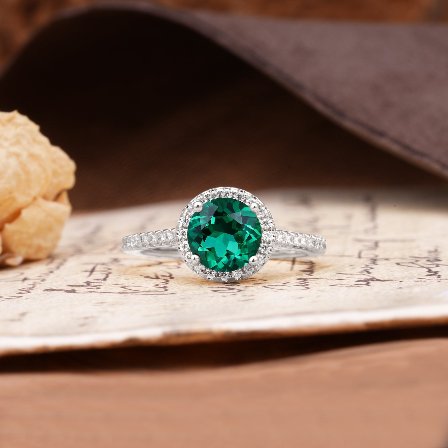 Luxurious, Vintage, Dazzling 4-Prong Round-Cut Emerald Engagement Ring - Additional view