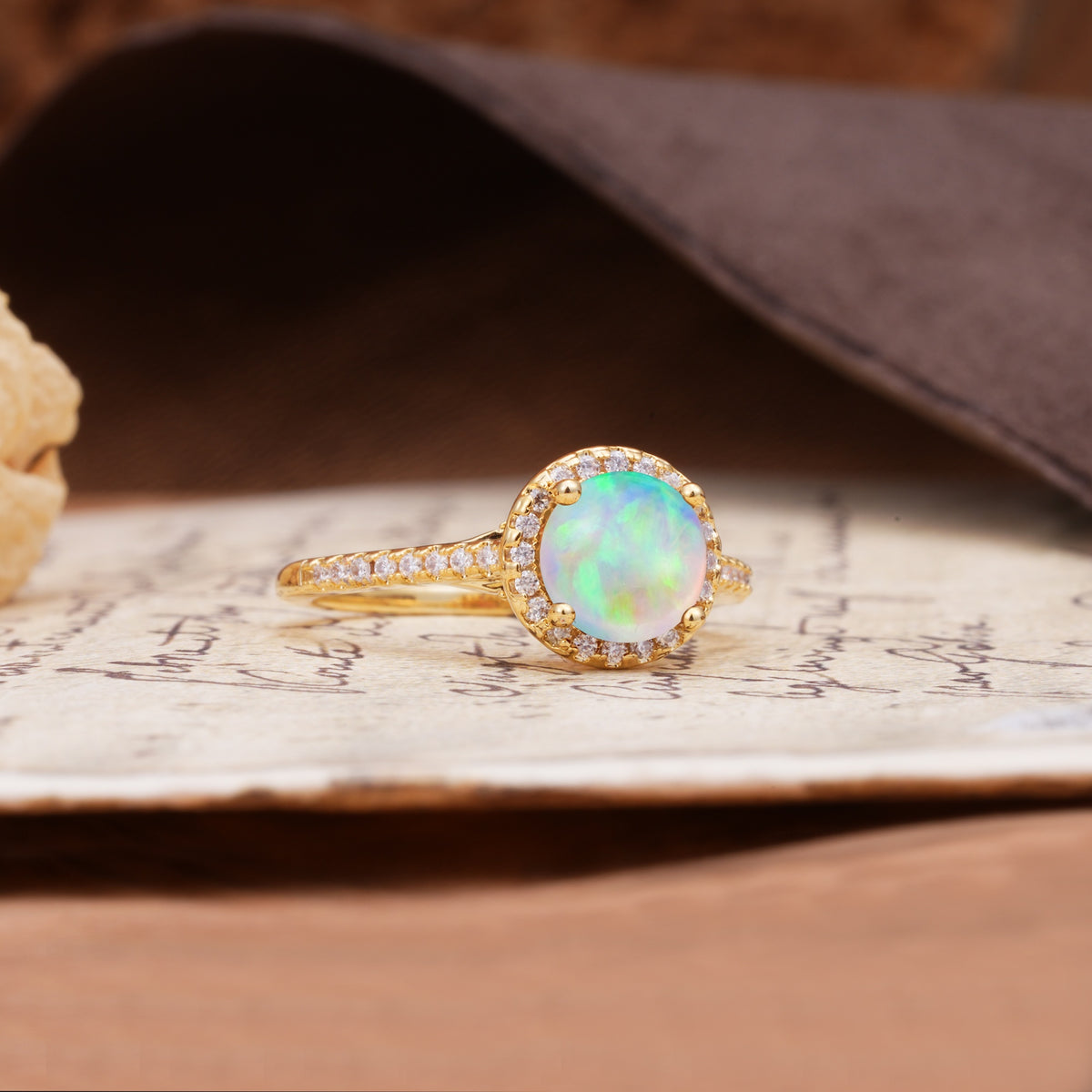 Luxurious, Vintage, Dazzling 4-Prong Round-Cut Fire Opal Engagement Ring - Additional view