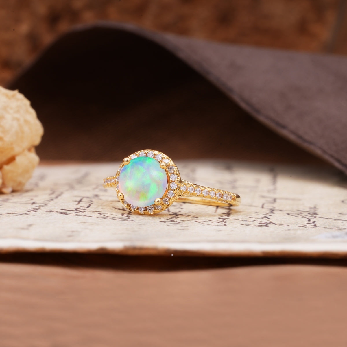 Luxurious, Vintage, Dazzling 4-Prong Round-Cut Fire Opal Engagement Ring - Additional view