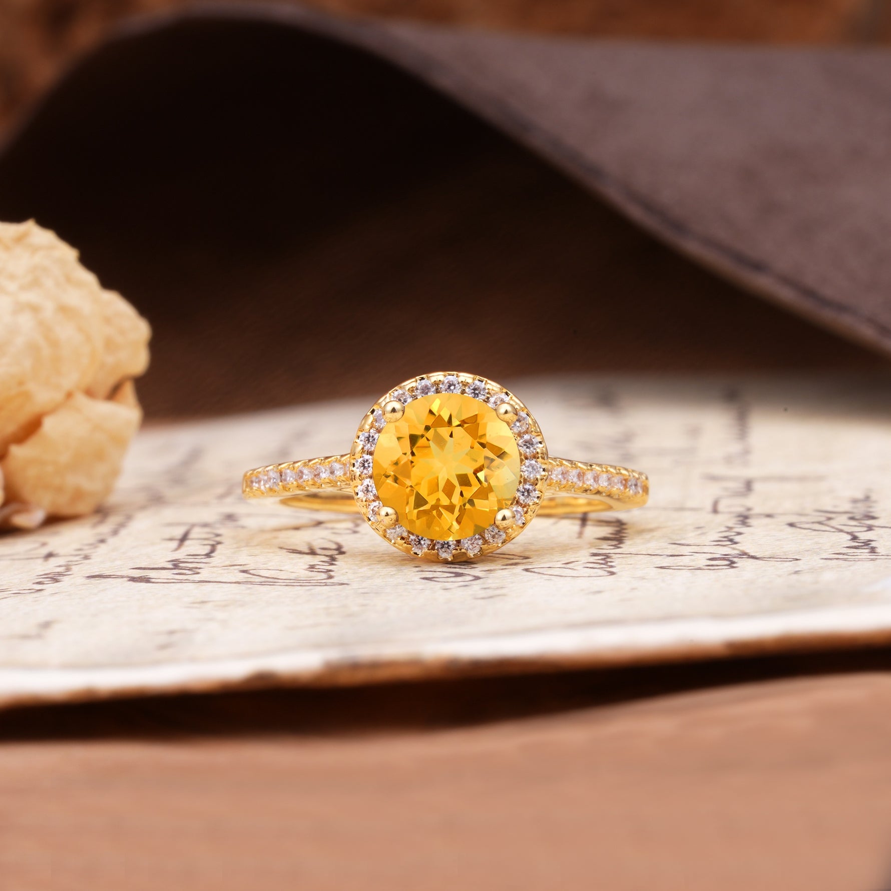 Luxurious, Vintage, Dazzling 4-Prong Round-Cut Citrine Engagement Ring - Additional view