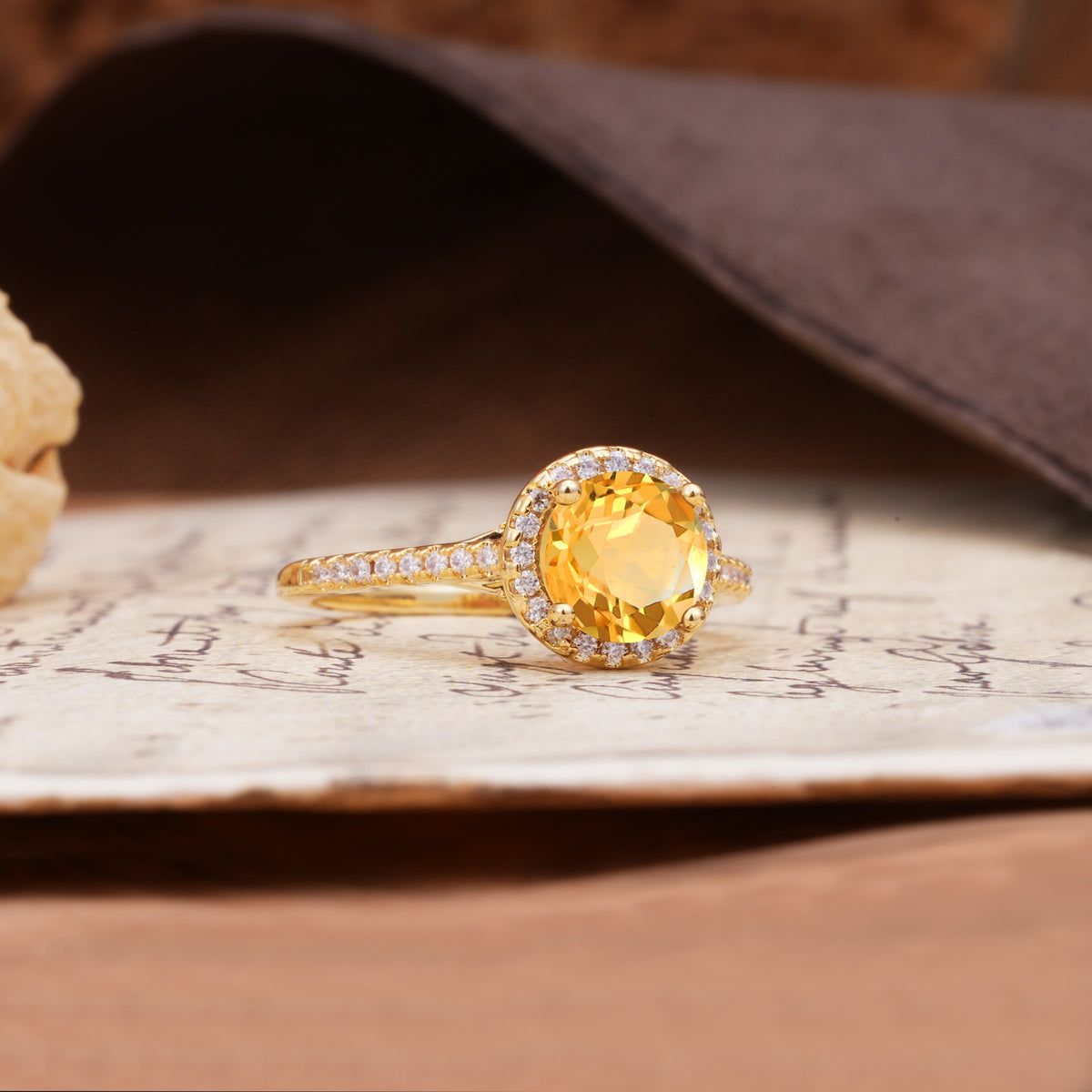 Luxurious, Vintage, Dazzling 4-Prong Round-Cut Citrine Engagement Ring - Additional view
