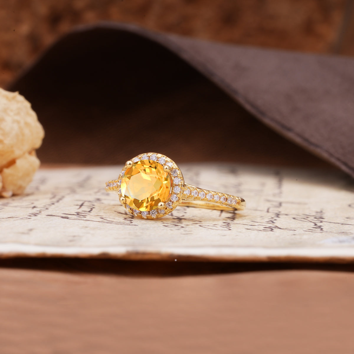 Luxurious, Vintage, Dazzling 4-Prong Round-Cut Citrine Engagement Ring - Additional view
