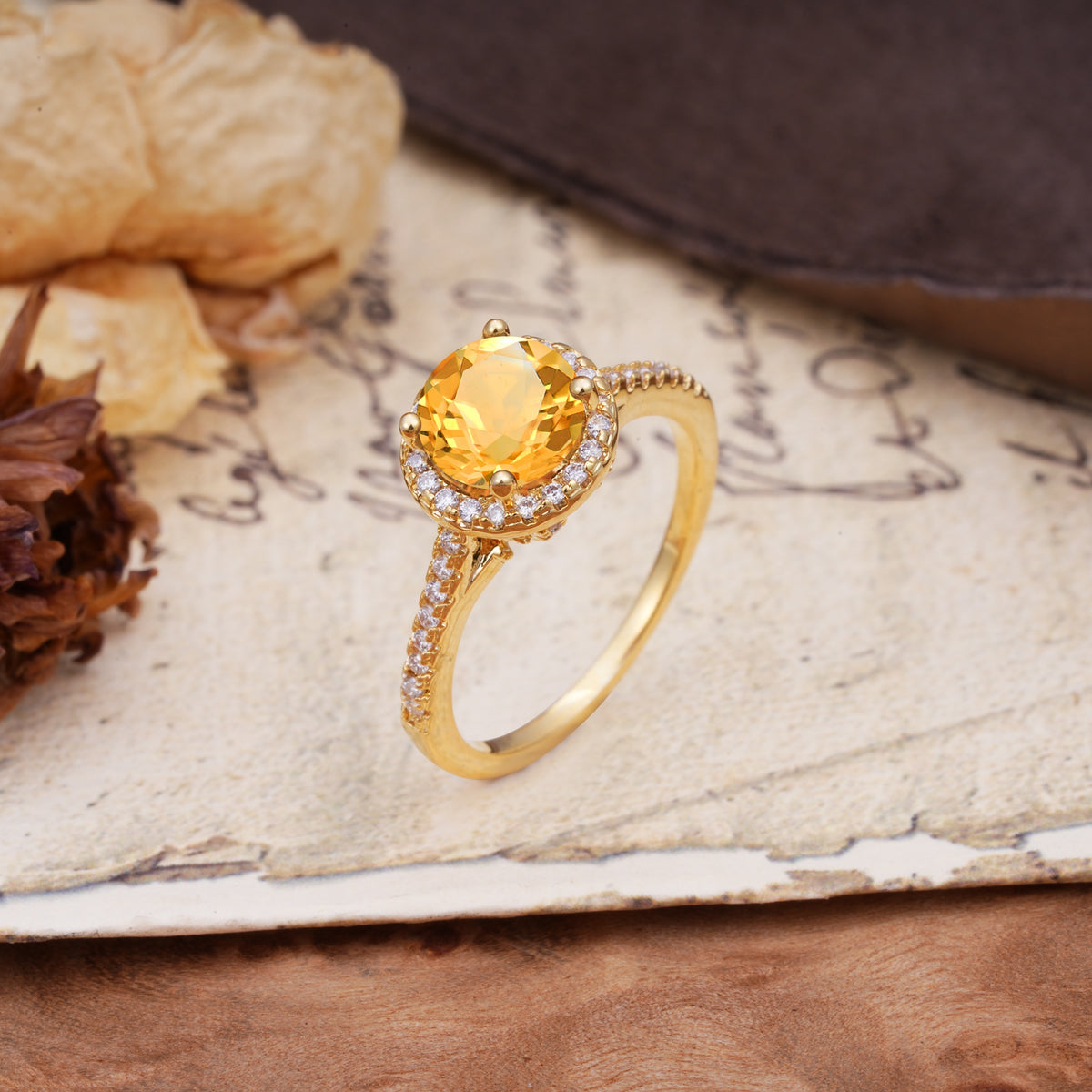 Luxurious, Vintage, Dazzling 4-Prong Round-Cut Citrine Engagement Ring - Additional view
