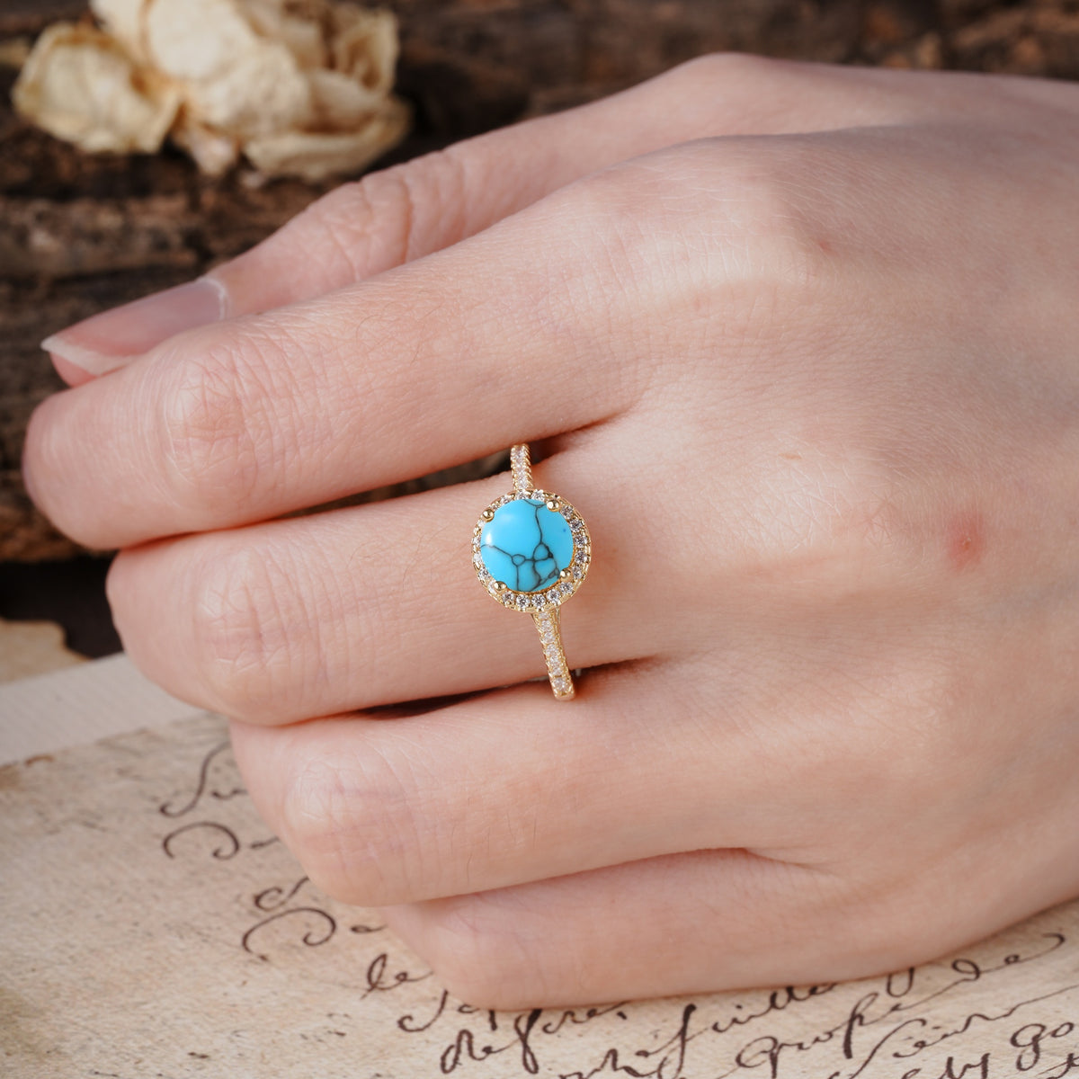 Luxurious, Vintage, Dazzling 4-Prong Round-Cut Turquoise Engagement Ring - Additional view