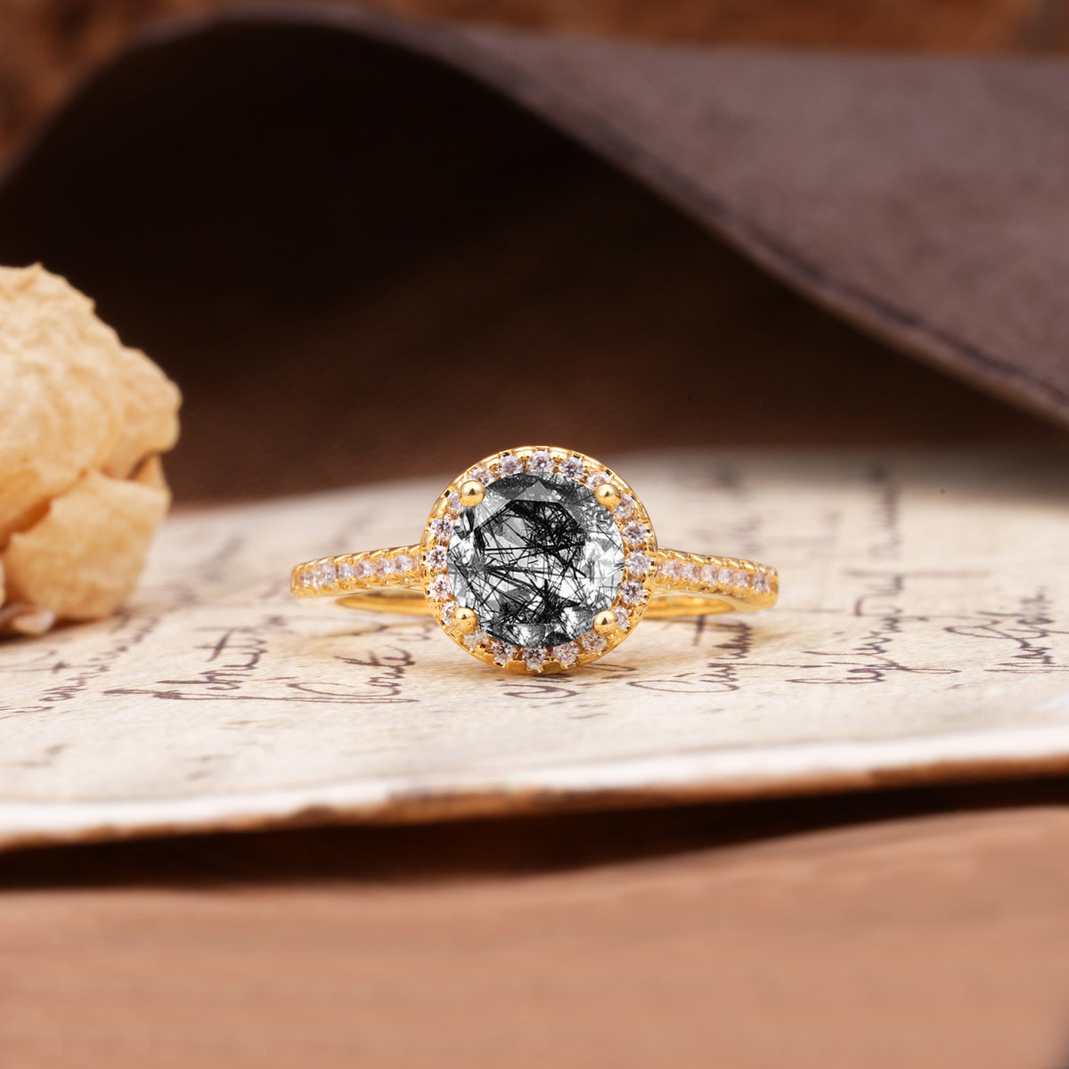 Luxurious, Vintage, Dazzling 4-Prong Round-Cut Black Rutilated Quartz Engagement Ring - Additional view