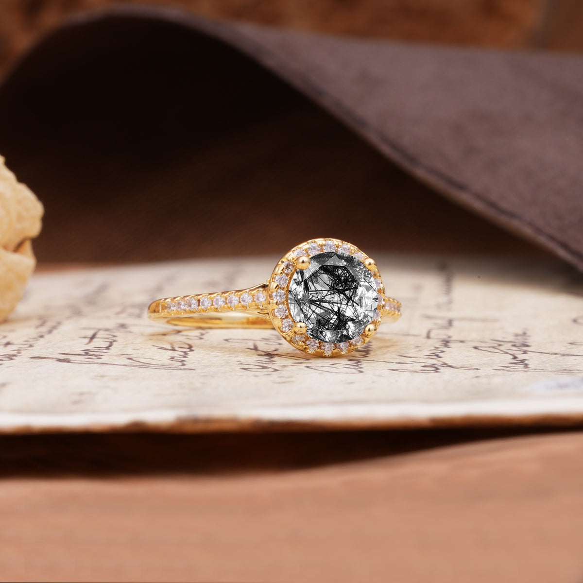 Luxurious, Vintage, Dazzling 4-Prong Round-Cut Black Rutilated Quartz Engagement Ring - Additional view