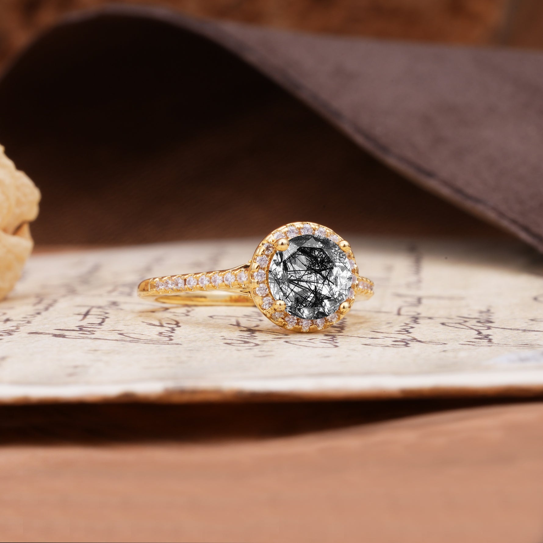 Luxurious, Vintage, Dazzling 4-Prong Round-Cut Black Rutilated Quartz Engagement Ring - Additional view