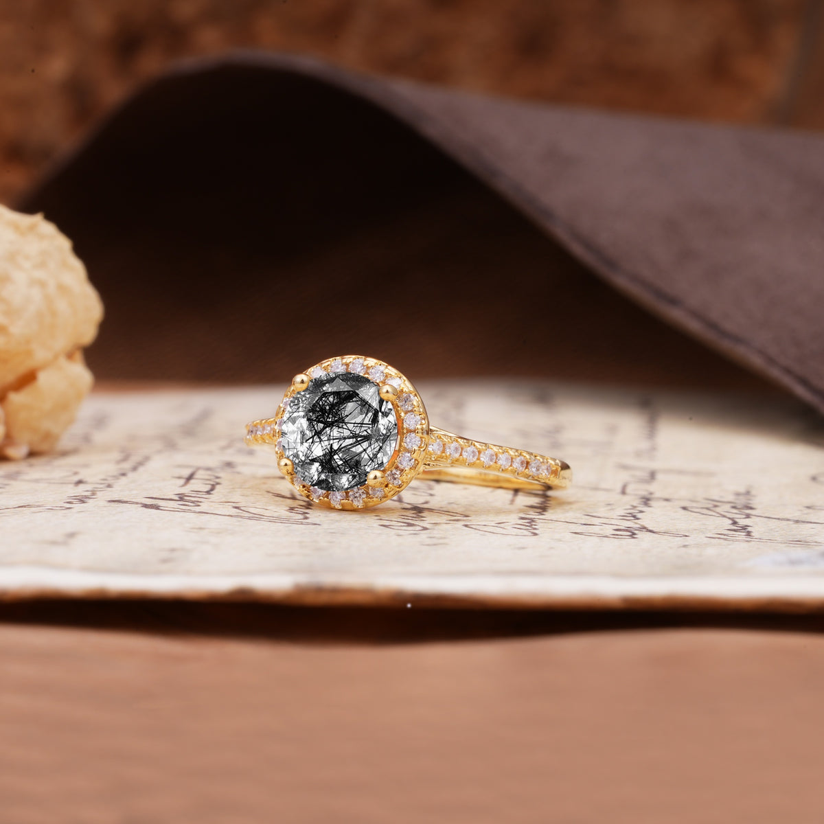 Luxurious, Vintage, Dazzling 4-Prong Round-Cut Black Rutilated Quartz Engagement Ring - Additional view
