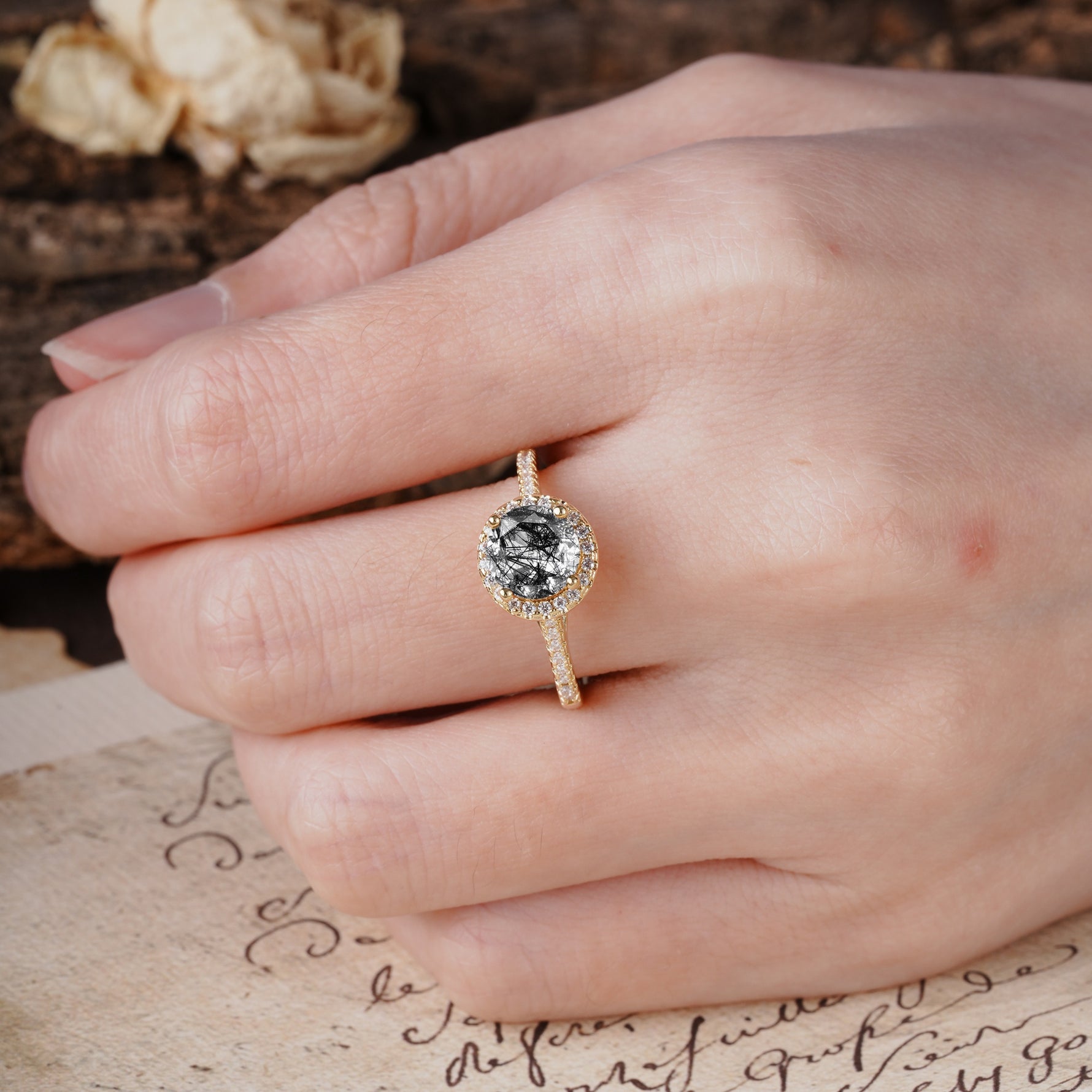 Luxurious, Vintage, Dazzling 4-Prong Round-Cut Black Rutilated Quartz Engagement Ring - Additional view