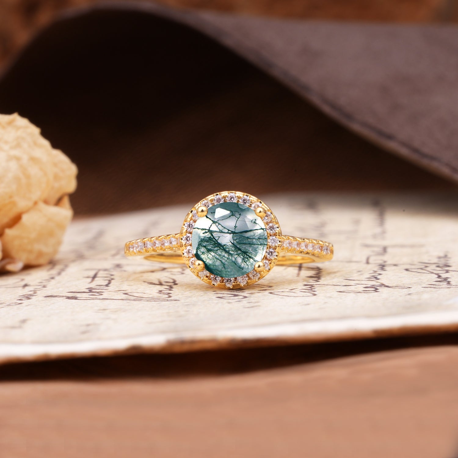 Luxurious, Vintage, Dazzling 4-Prong Round-Cut Moss Agate Engagement Ring - Additional view